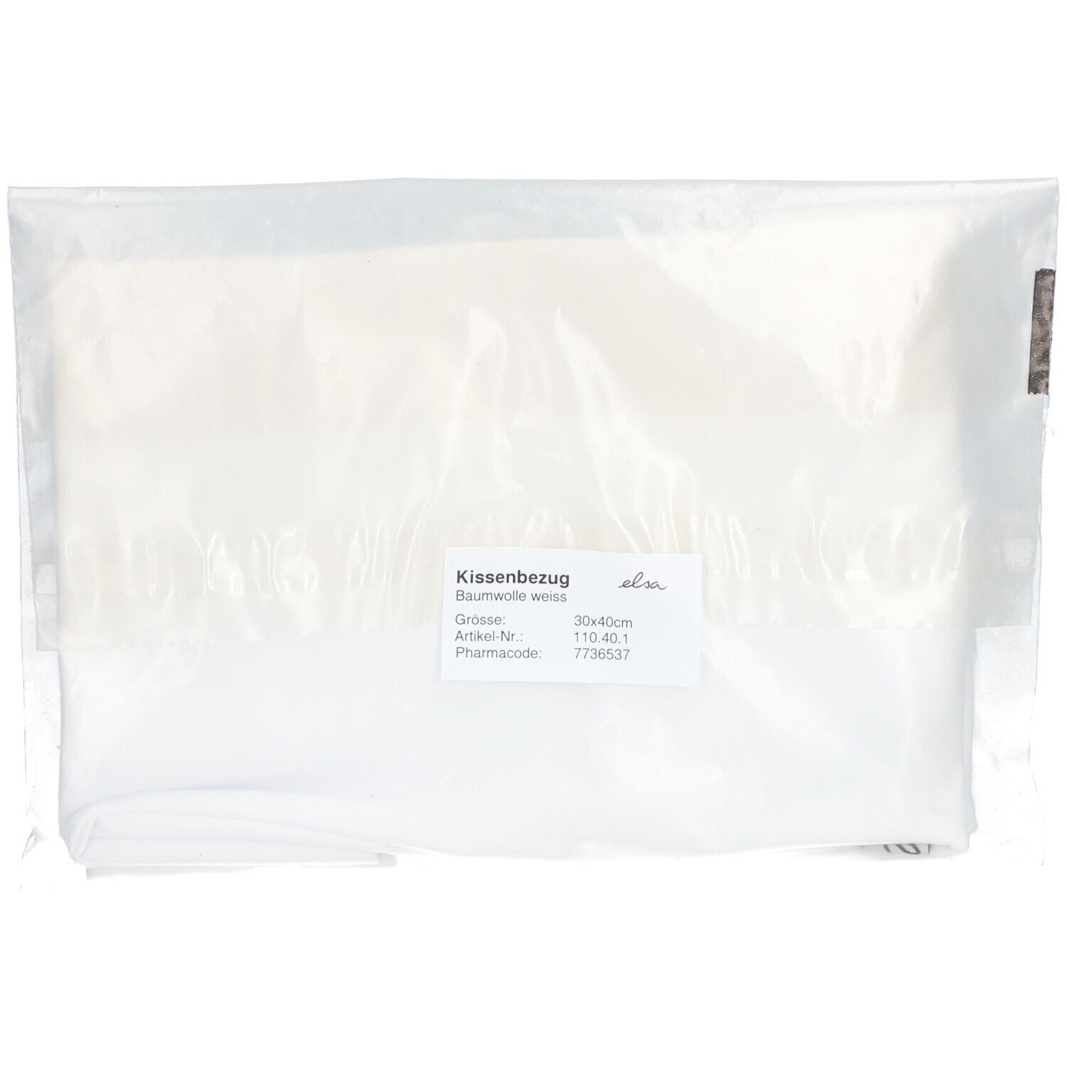 Kissenbezug in Folienverpackung. Weiß, Baumwolle. Aufkleber mit Produktinformationen: Größe 30x40cm, Artikelnummer, Pharmazentralnummer.