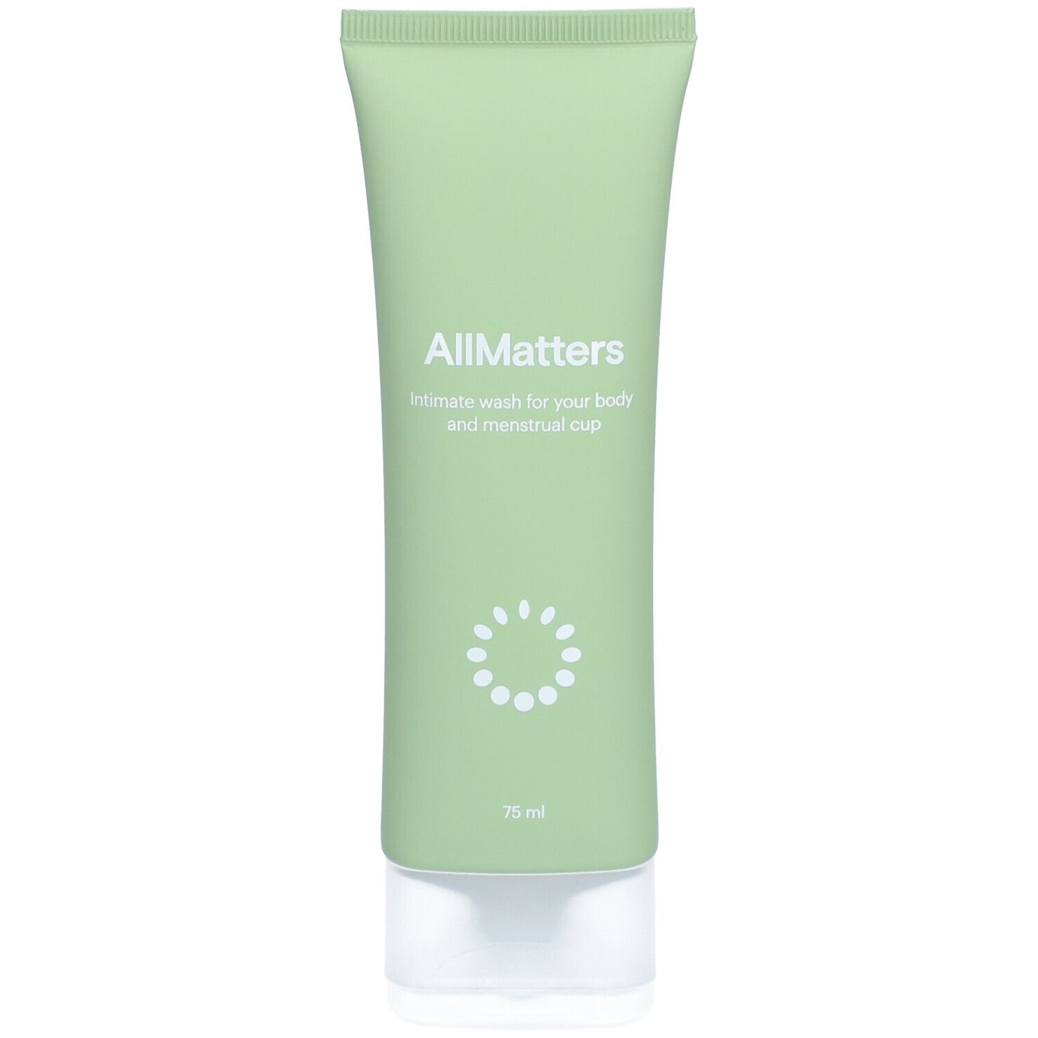 Grüne Tube mit weißem Verschluss. Aufschrift "AllMatters" und "Intimate wash for your body and menstrual cup". Unten "75 ml".