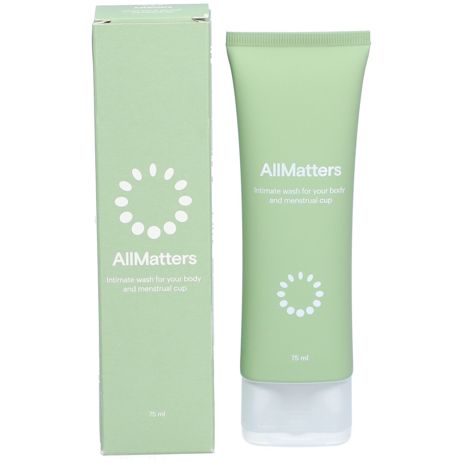Grüne Verpackung und Tube. Aufschrift "AllMatters" und "Intimate wash for your body and menstrual cup". Unten "75 ml".