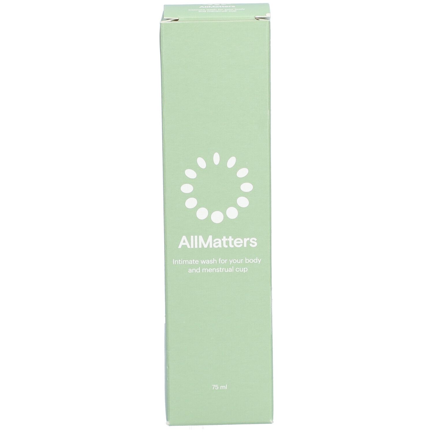 Grüne Verpackung. Aufschrift "AllMatters" und "Intimate wash for your body and menstrual cup". Unten "75 ml".