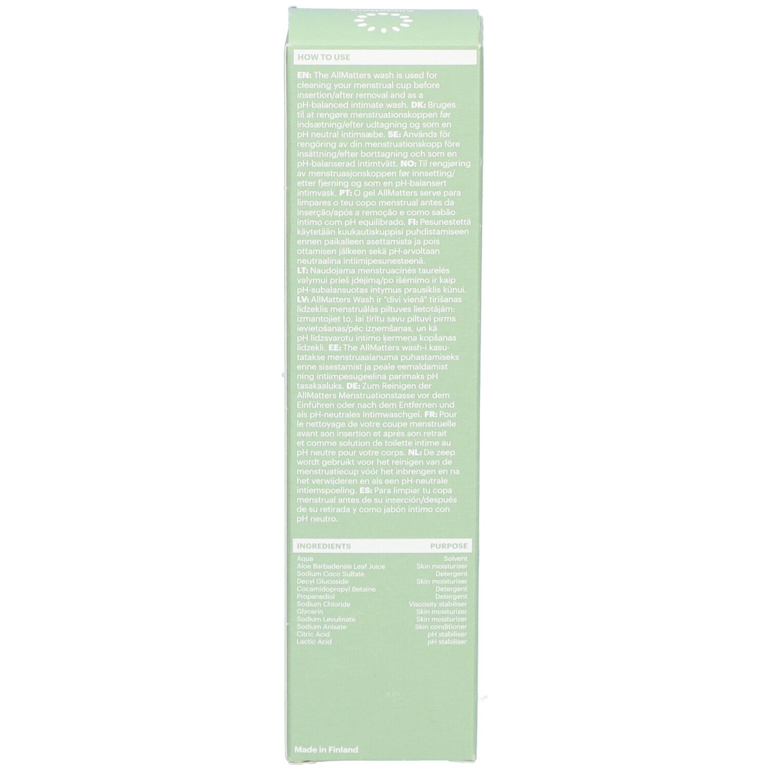 Grüne Verpackung. Text mit Anweisungen und Inhaltsstoffen.