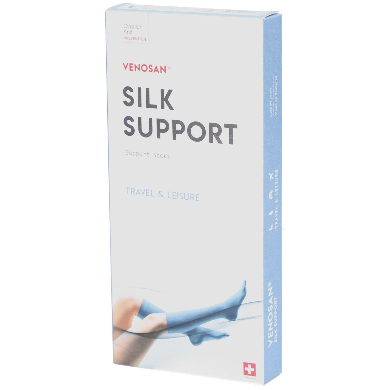 Verpackung von Venosan Silk Support. Blaue Stützstrümpfe sind auf der Verpackung abgebildet. Text: Silk Support, Travel & Leisure.