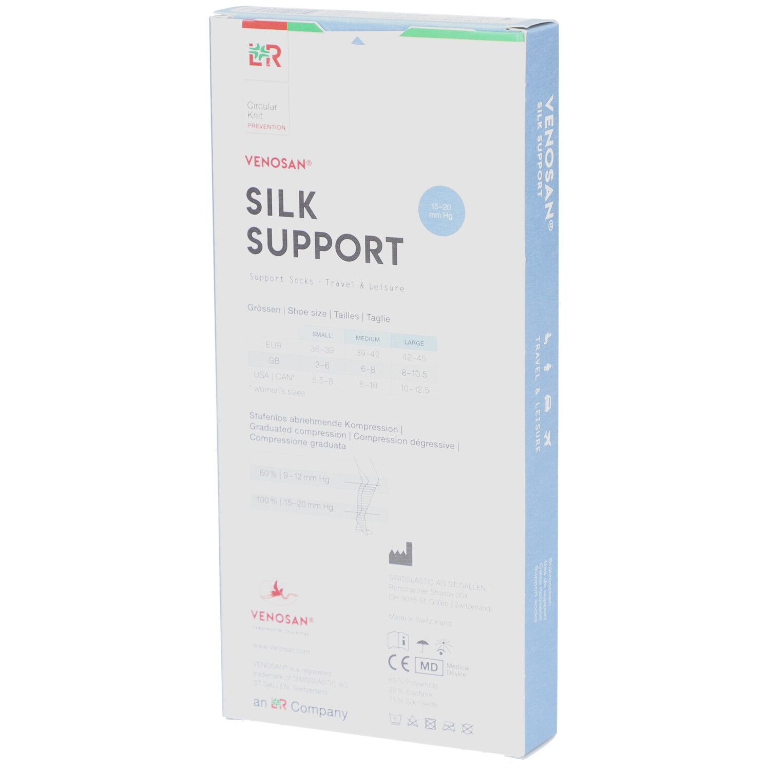 Venosan Silk Support Verpackung. Rückseite mit Text und Größentabelle. CE- und MD-Kennzeichnung. Schweizer Kreuz.