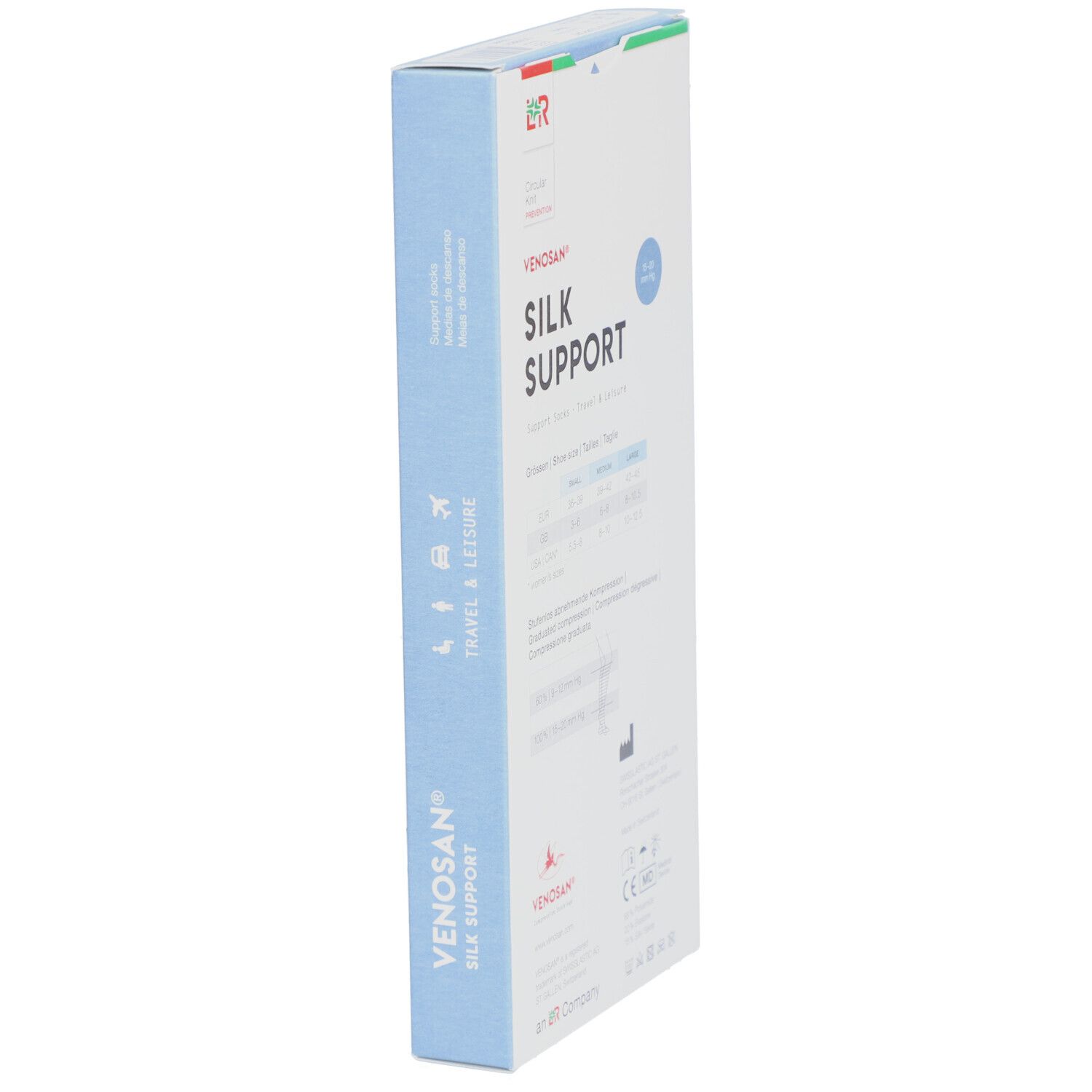 Venosan Silk Support Verpackung. Blaue Seite mit Text: Venosan Silk Support, Travel & Leisure. CE- und MD-Kennzeichnung.