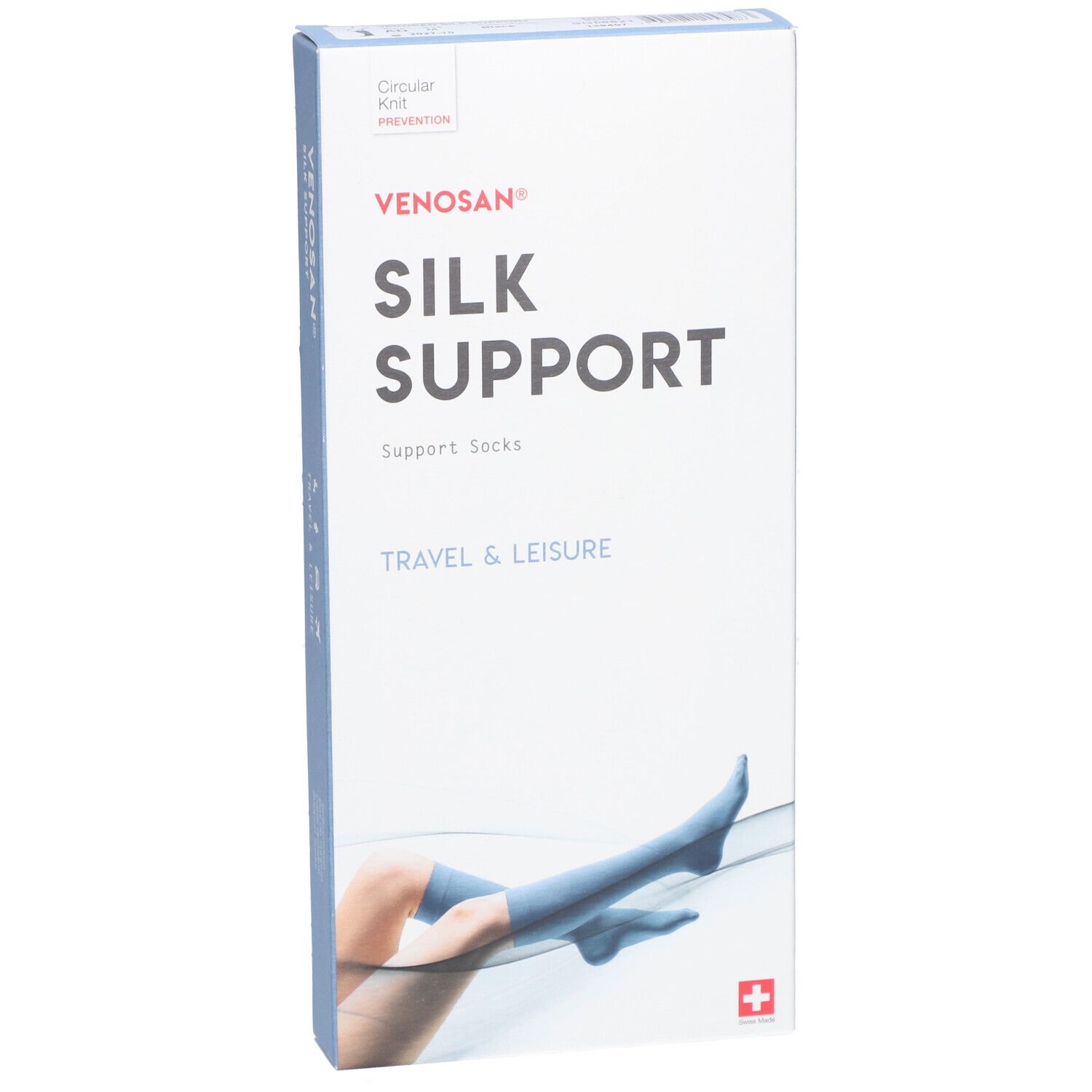 Venosan Silk Support Verpackung. Blaue Stützstrümpfe auf der Verpackung abgebildet. Text: Silk Support, Travel & Leisure. Schweizer Kreuz.