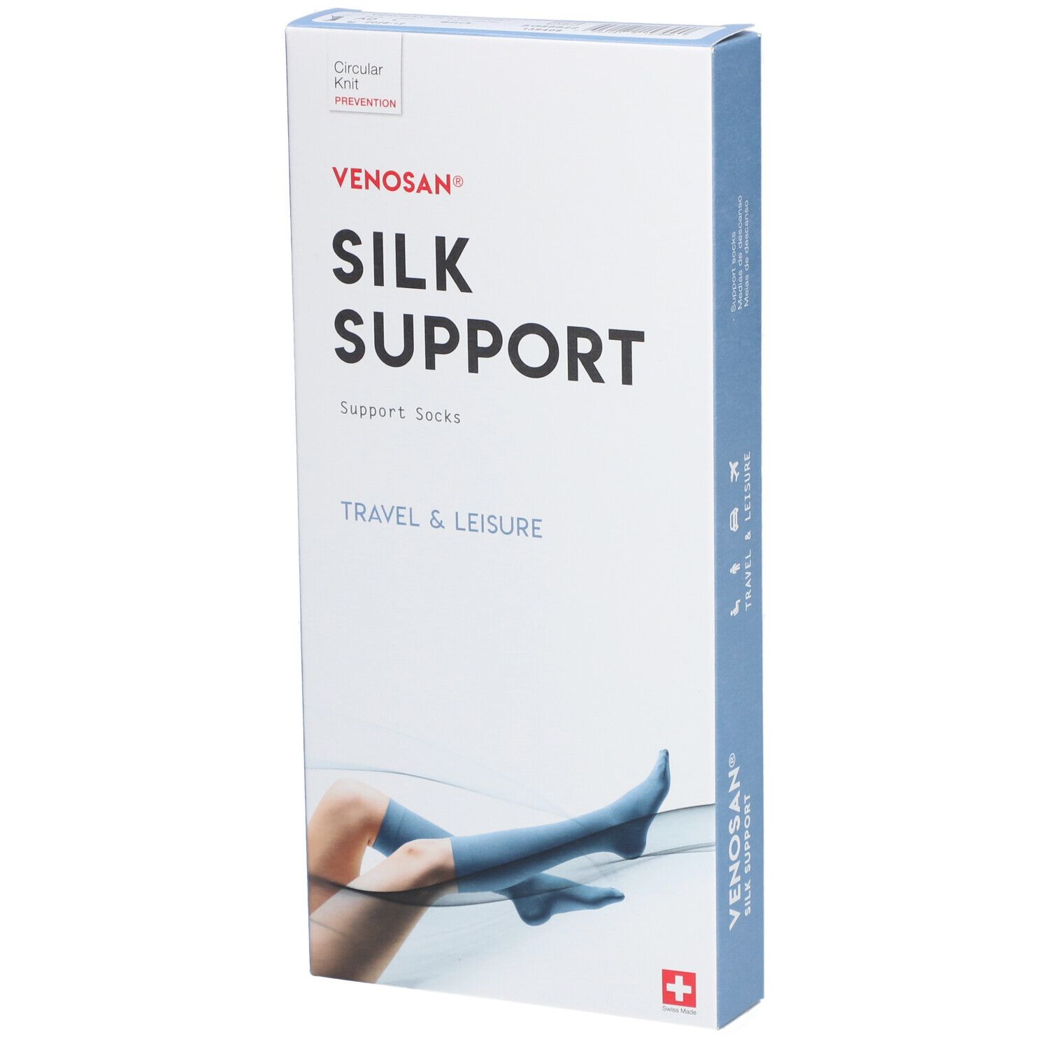 Verpackung von Venosan Silk Support Stützstrümpfen. Haupttext: SILK SUPPORT. Abgebildet: Bein mit Strumpf.
