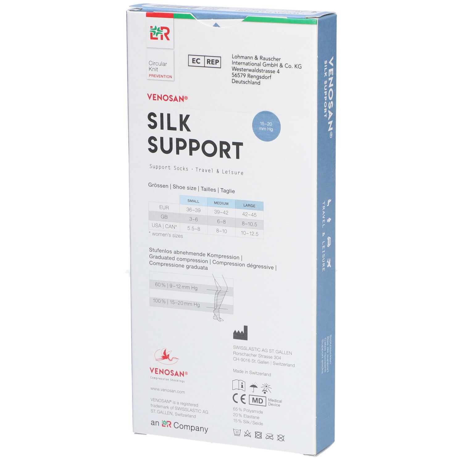 Venosan Silk Support Verpackung. Text: SILK SUPPORT, Größenangaben. Logo: CE, MD. Informationen zur Kompression.