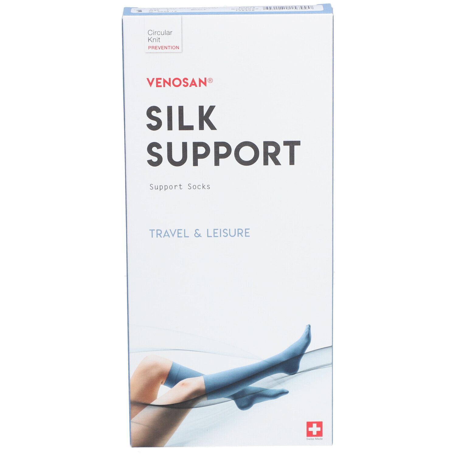 Venosan Silk Support Verpackung. Haupttext: SILK SUPPORT. Abgebildet: Bein mit Strumpf. Schweizer Kreuz.