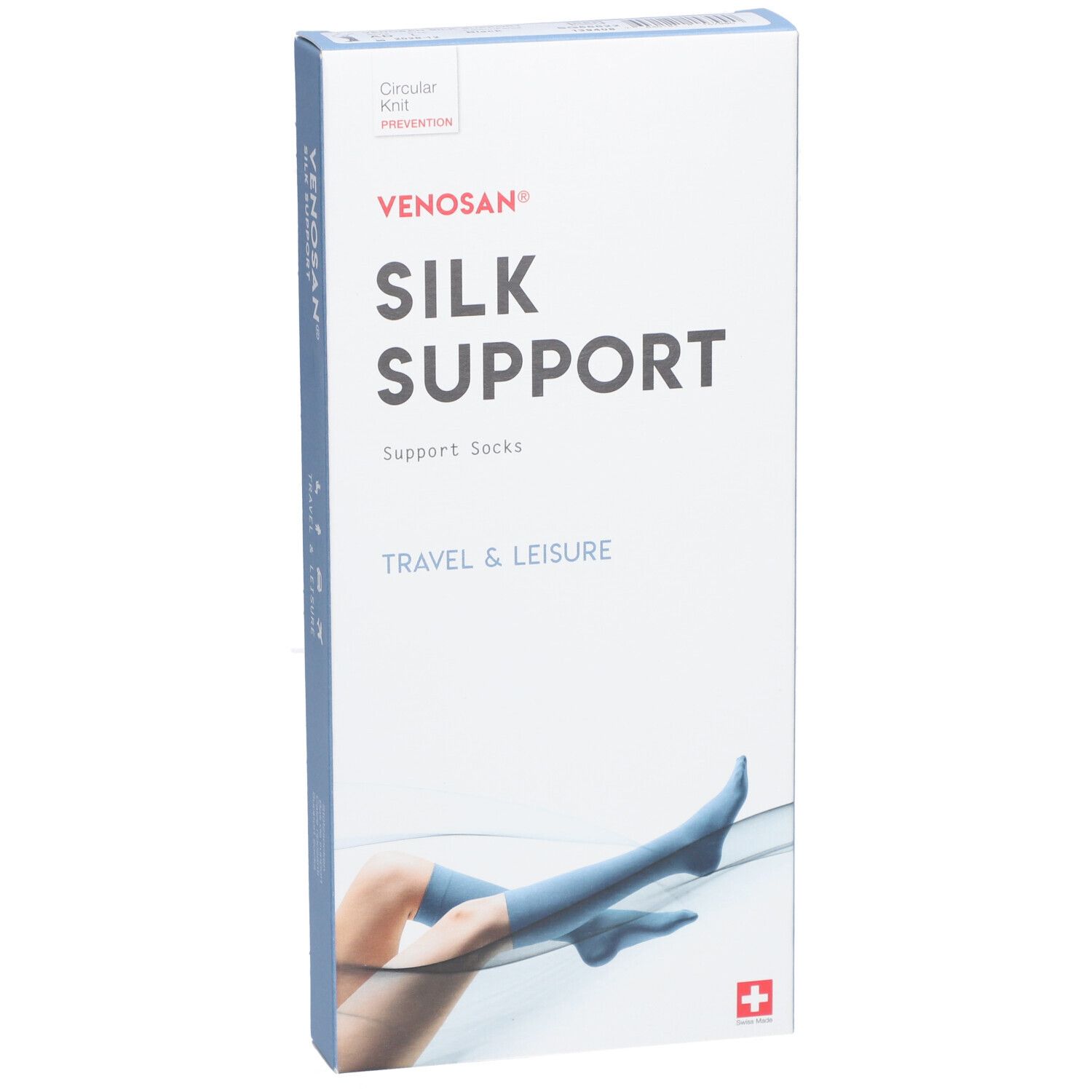 Venosan Silk Support Verpackung. Haupttext: SILK SUPPORT. Abgebildet: Bein mit Strumpf. Schweizer Kreuz.