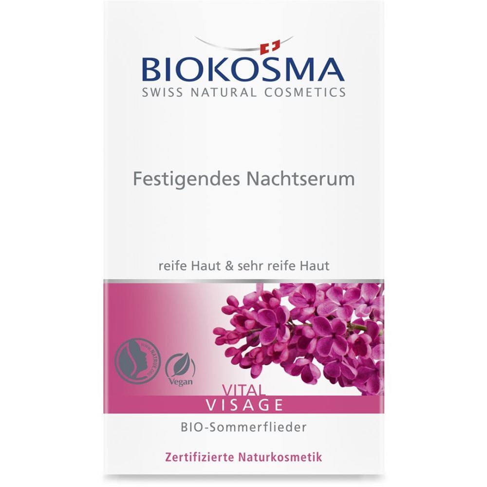 BIOKOSMA-Verpackung. Weiß mit Logo, Produktname, lila Blüten und Vegan-Siegel. Text: Festigendes Nachtserum, reife Haut.