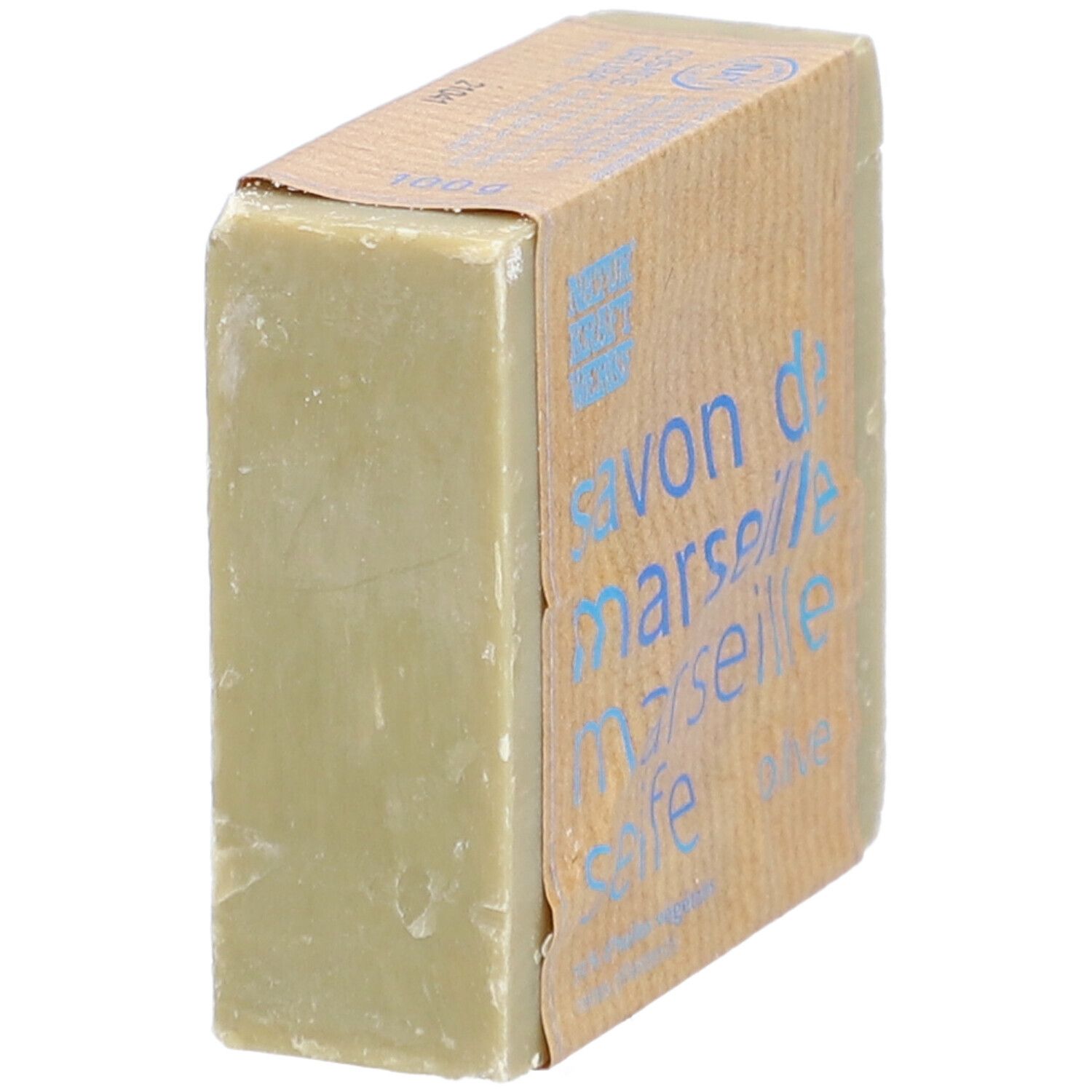 Rechteckige Seife mit Papierbanderole. Aufschrift: Savon de Marseille, Marseille Seife, Olive. Marke Naturkraftwerke.