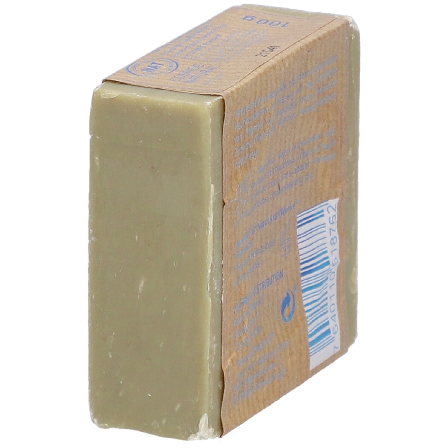 Rechteckige Seife mit Papierbanderole. Aufschrift: Savon de Marseille, Marseille Seife, Olive. Rückseite mit Barcode.