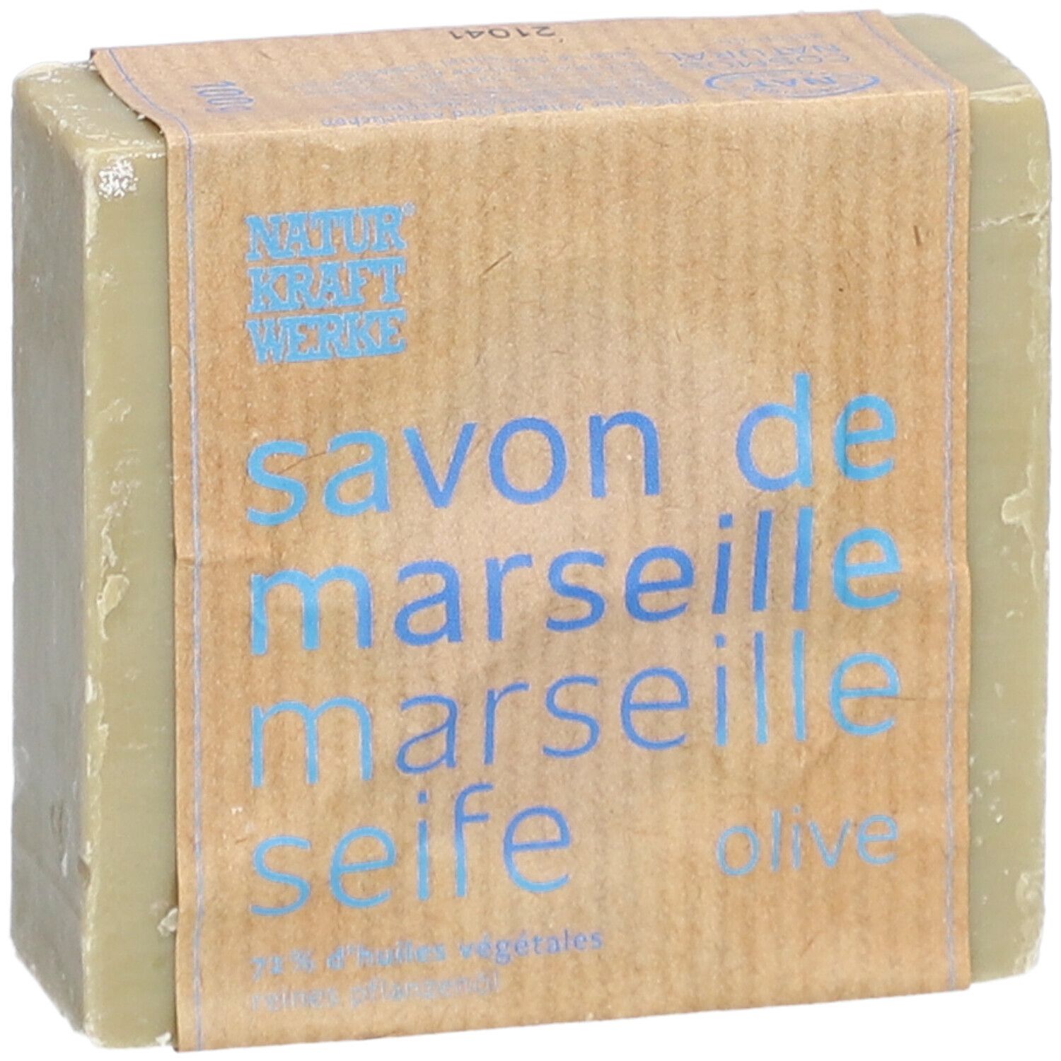 Seife mit Papierbanderole. Aufschrift: Savon de Marseille, Marseille Seife, Olive. Marke Naturkraftwerke.