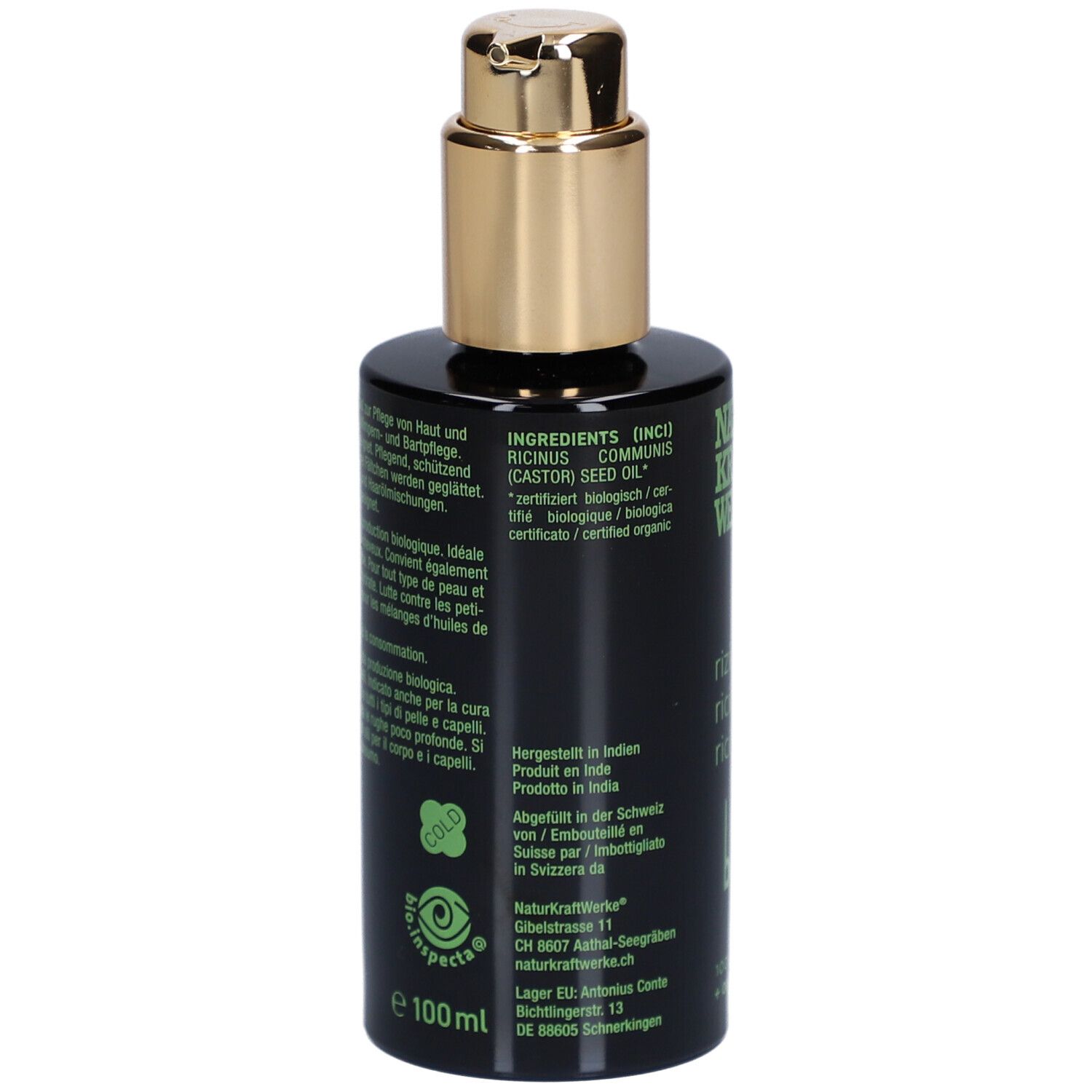 Rückseite der schwarzen Flasche mit goldfarbenem Pumpkopf. Text: Inhaltsstoffe, Zertifizierung, Herstelleradresse, 100 ml.