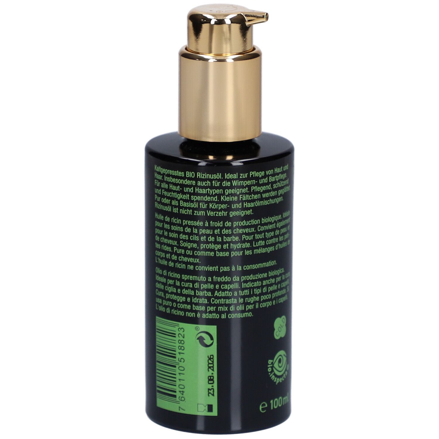 Rückseite der schwarzen Flasche mit goldfarbenem Pumpkopf. Text: Anwendung, Chargennummer, Mindesthaltbarkeitsdatum, 100 ml.