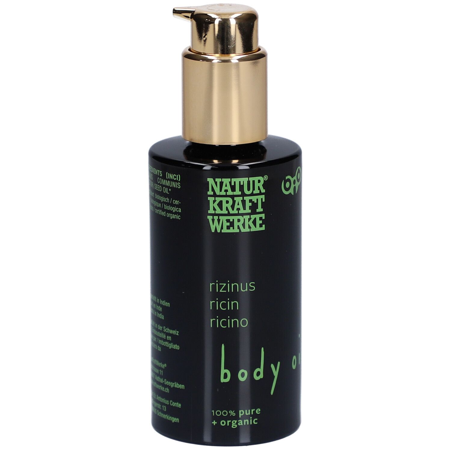 Schwarze Flasche mit goldfarbenem Pumpkopf. Aufschrift: NATURKRAFTWERKE, rizinus, body oil, 100% pure + organic.