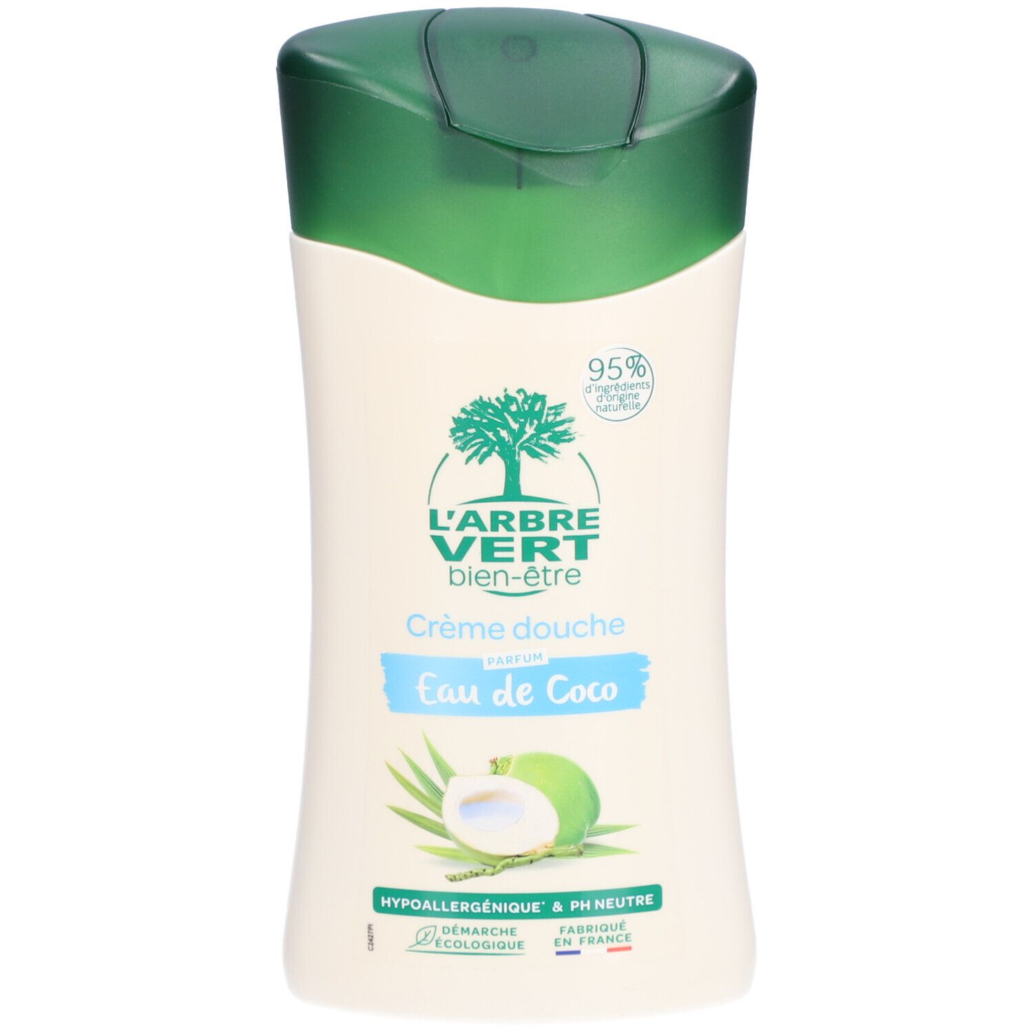 Duschcreme-Flasche mit grünem Deckel. Aufschrift: L'ARBRE VERT, Crème douche, Eau de Coco. Kokosnuss-Illustration.