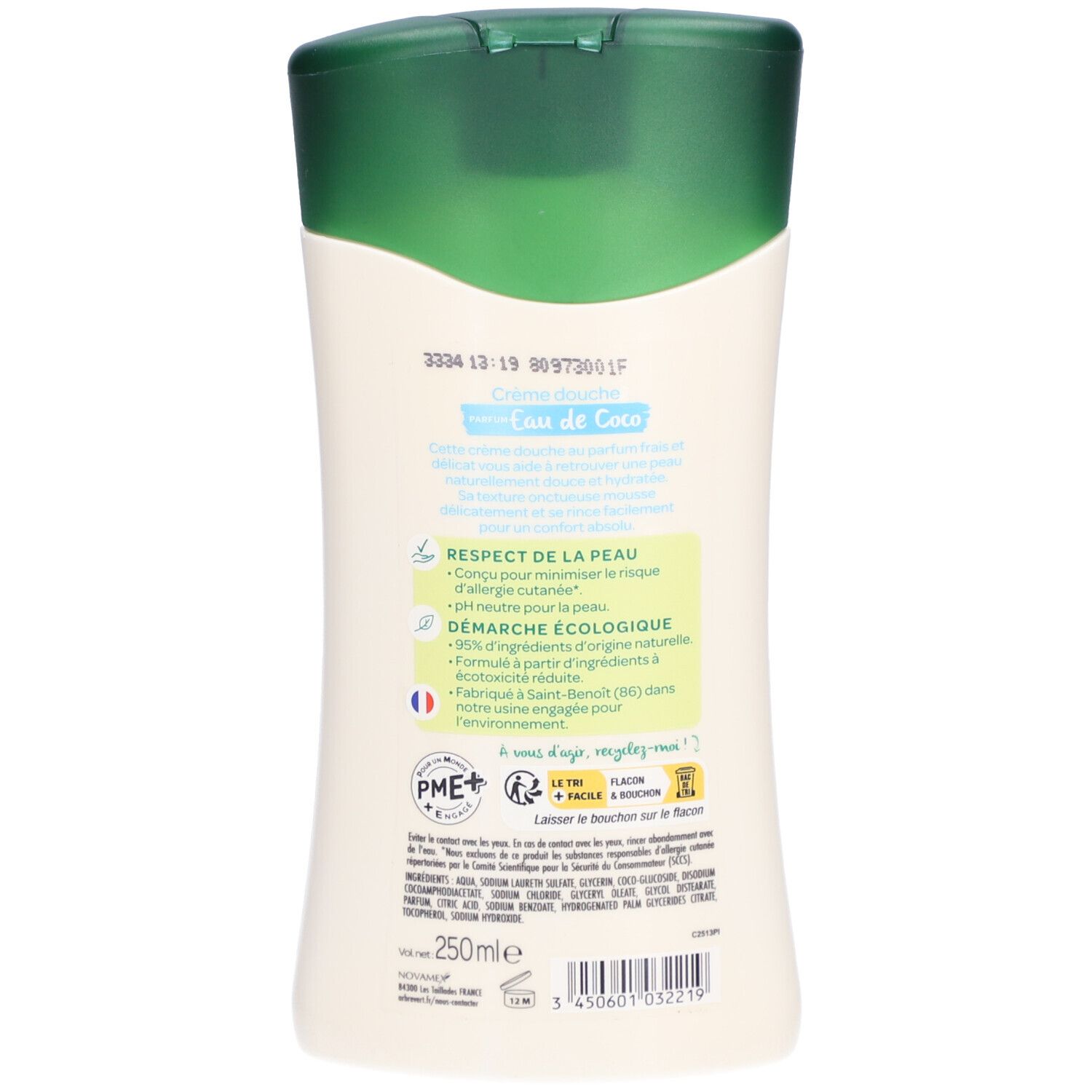 Rückseite der Duschcreme-Flasche. Text: Eau de Coco, Respect de la peau, Démarche écologique. Mit Inhaltsangaben und Zertifizierungen.