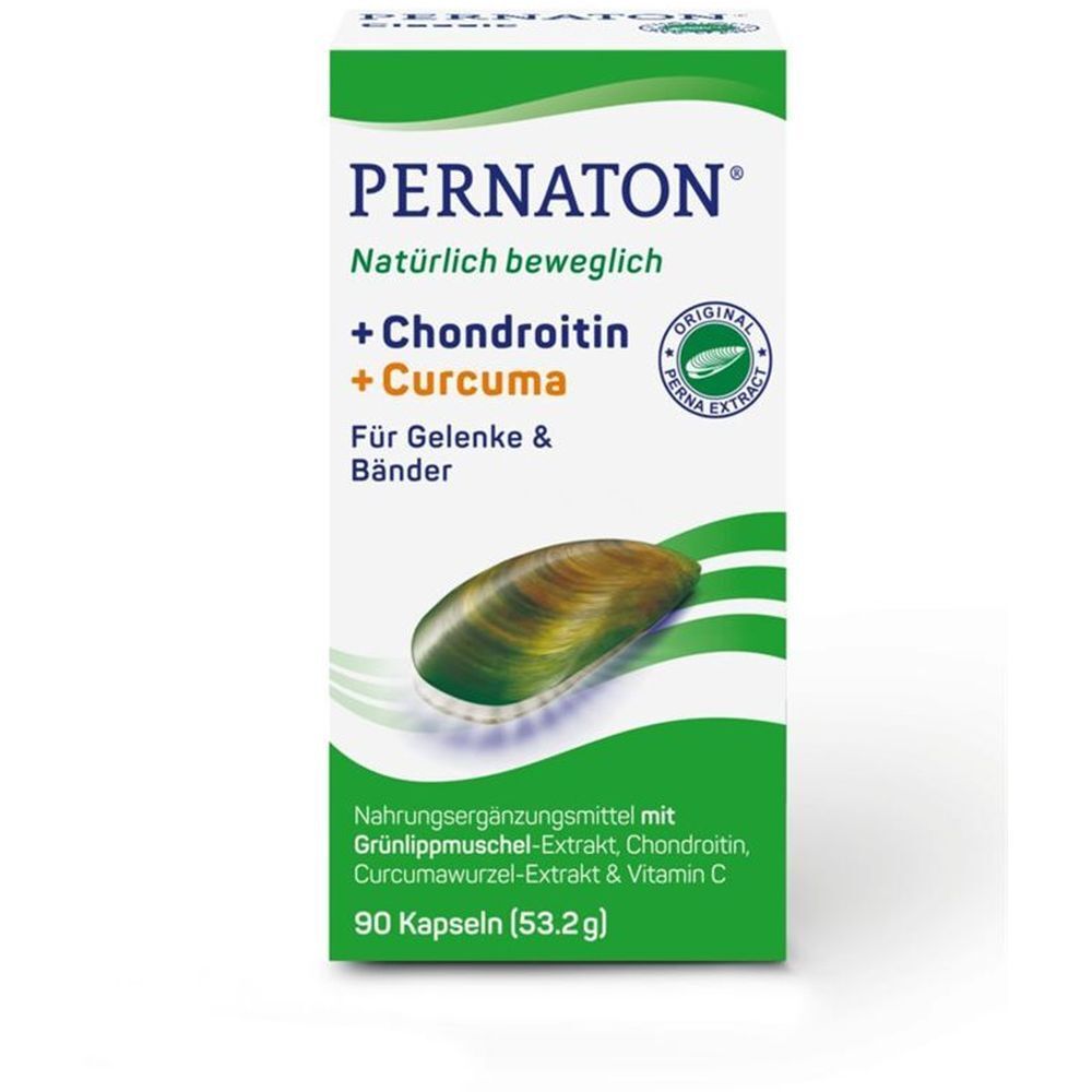 PERNATON® + Chondroitin + Curcuma. Grün, weißes Rechteck. 90 Kapseln. Muschel-Abbildung. Text: Für Gelenke & Bänder.