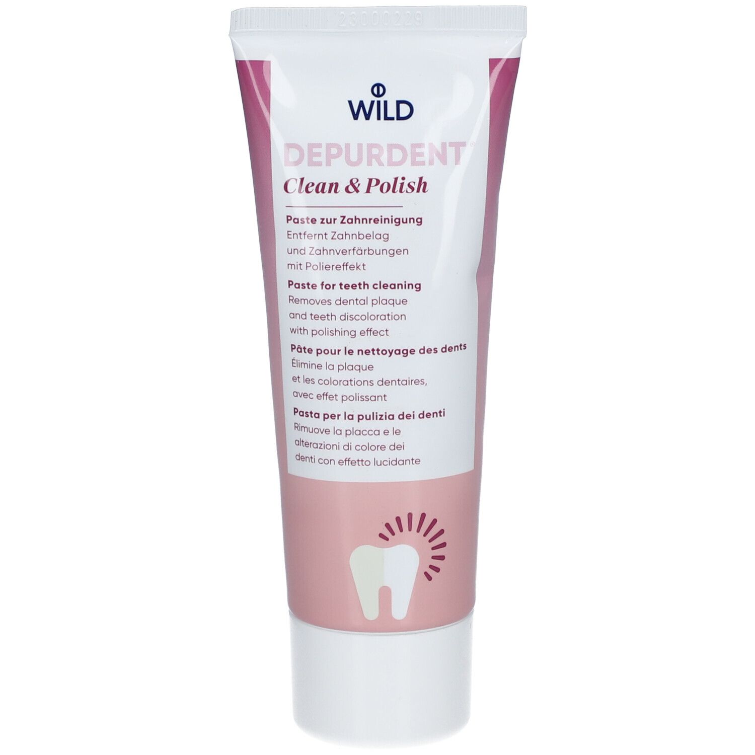 Zahncreme-Tube mit Produktnamen und Inhaltsangaben. Rosa-weißes Design mit Schriftzug und Zahn-Symbol.