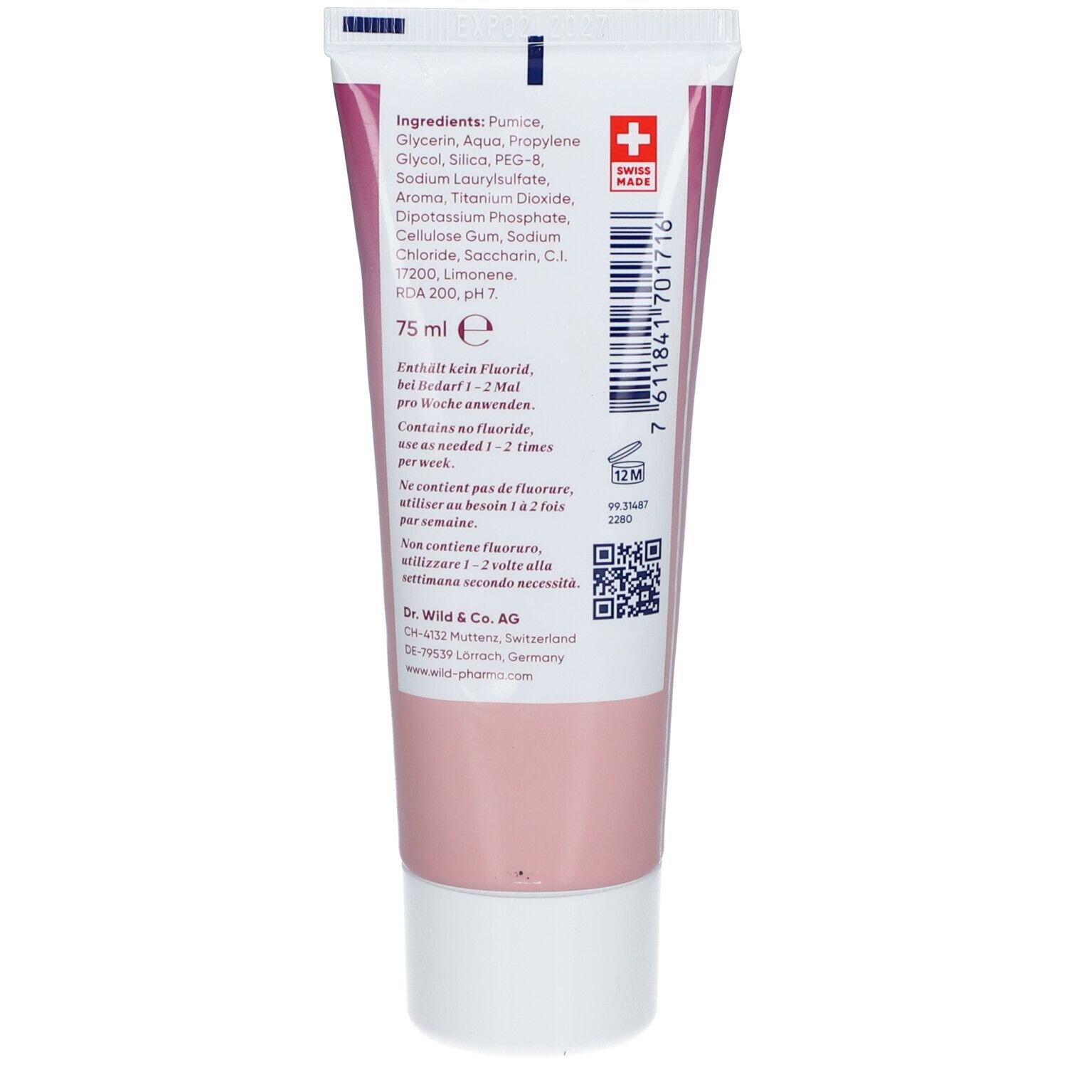 Rückseite der Zahncreme-Tube mit Inhaltsstoffen, Schweizer Kreuz und Mengenangabe 75 ml.