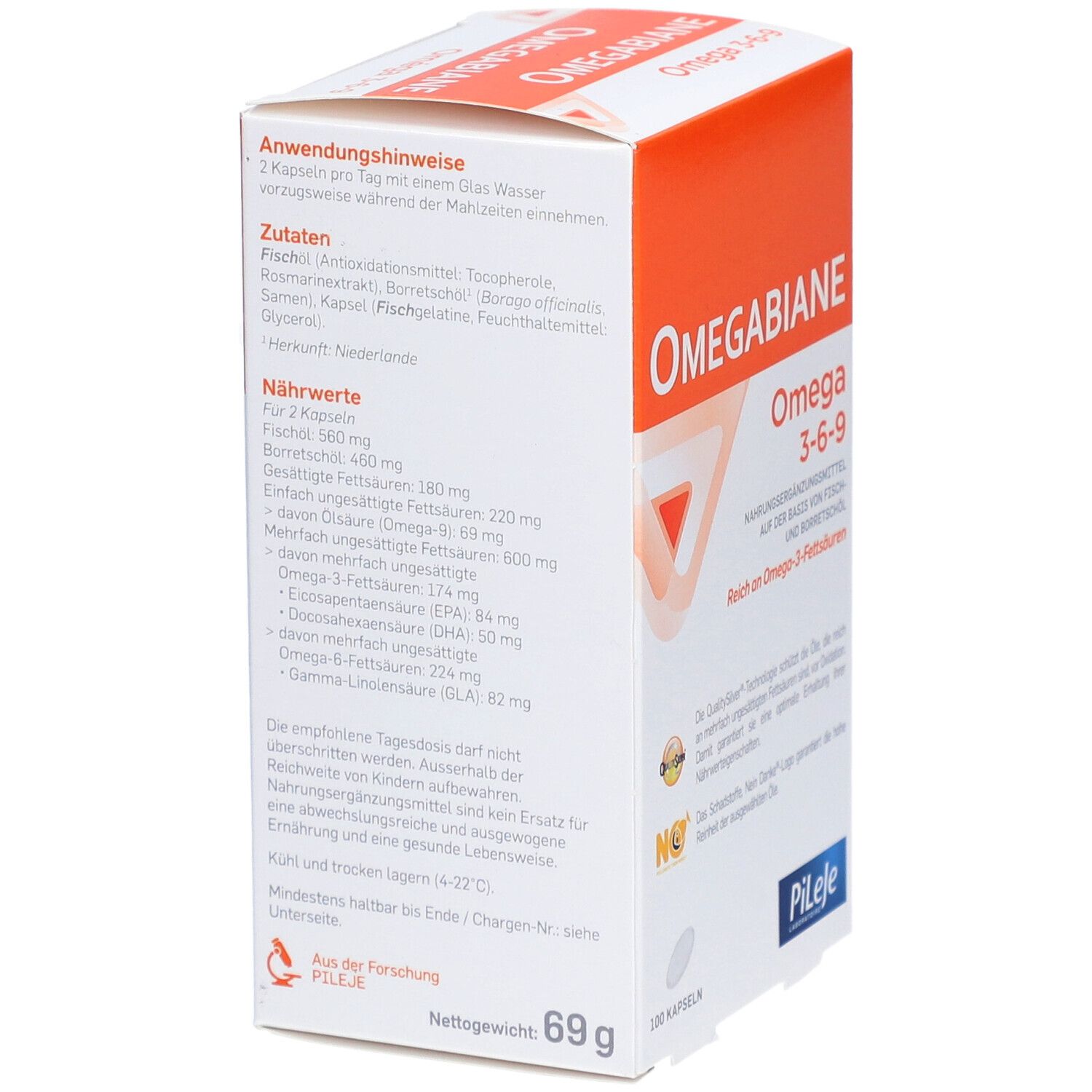Boîte Omegabiane Oméga 3-6-9. Côté avec ingrédients et informations nutritionnelles. Poids net: 69g.