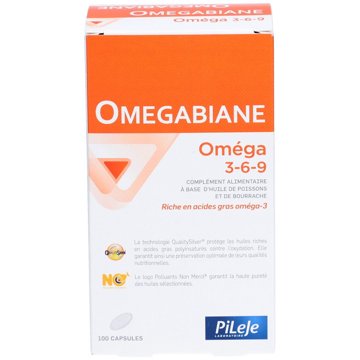 Boîte Omegabiane Oméga 3-6-9. Face avant avec nom du produit et logo. 100 gélules.