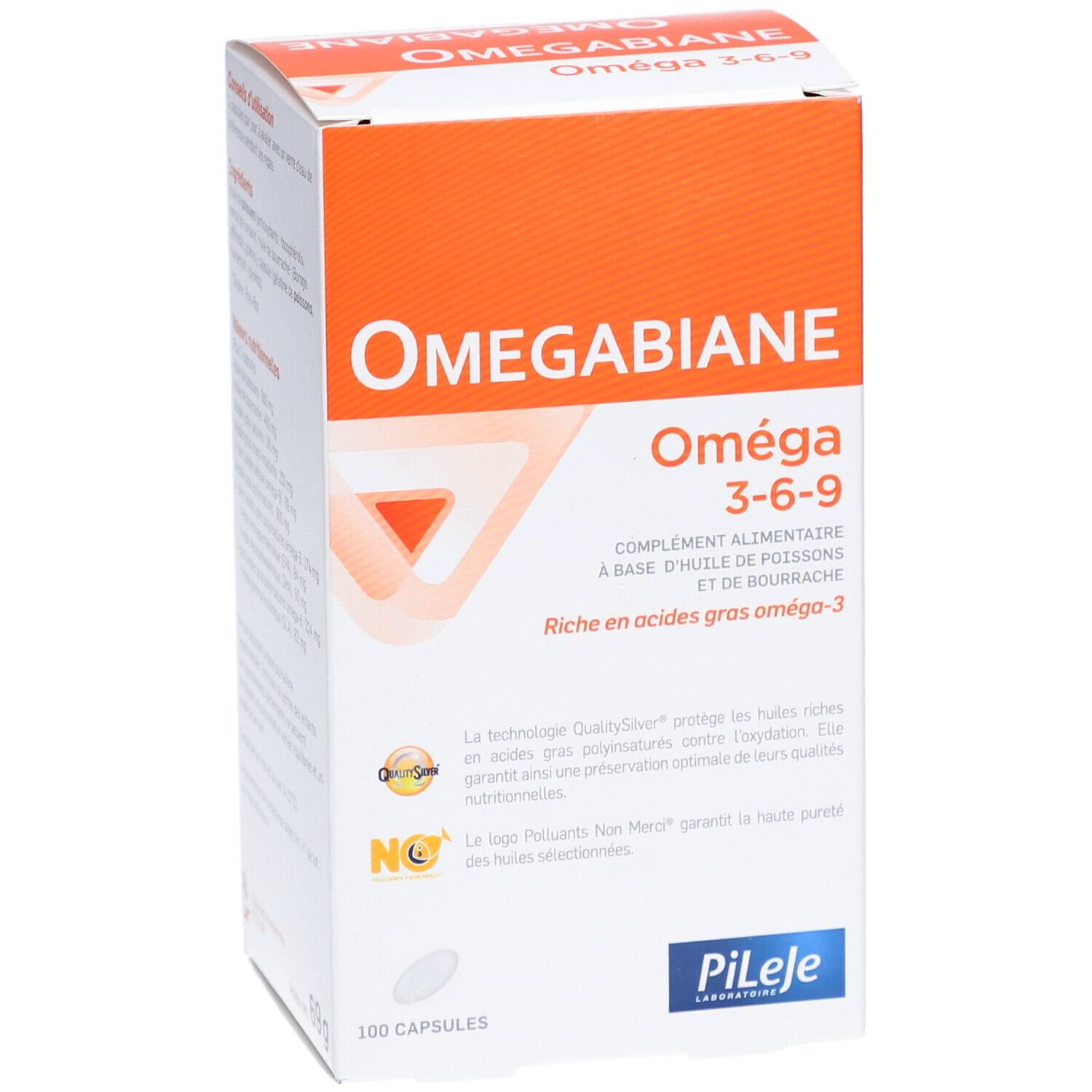 Boîte Omegabiane Oméga 3-6-9. Face avant avec nom du produit et logo. 100 gélules.