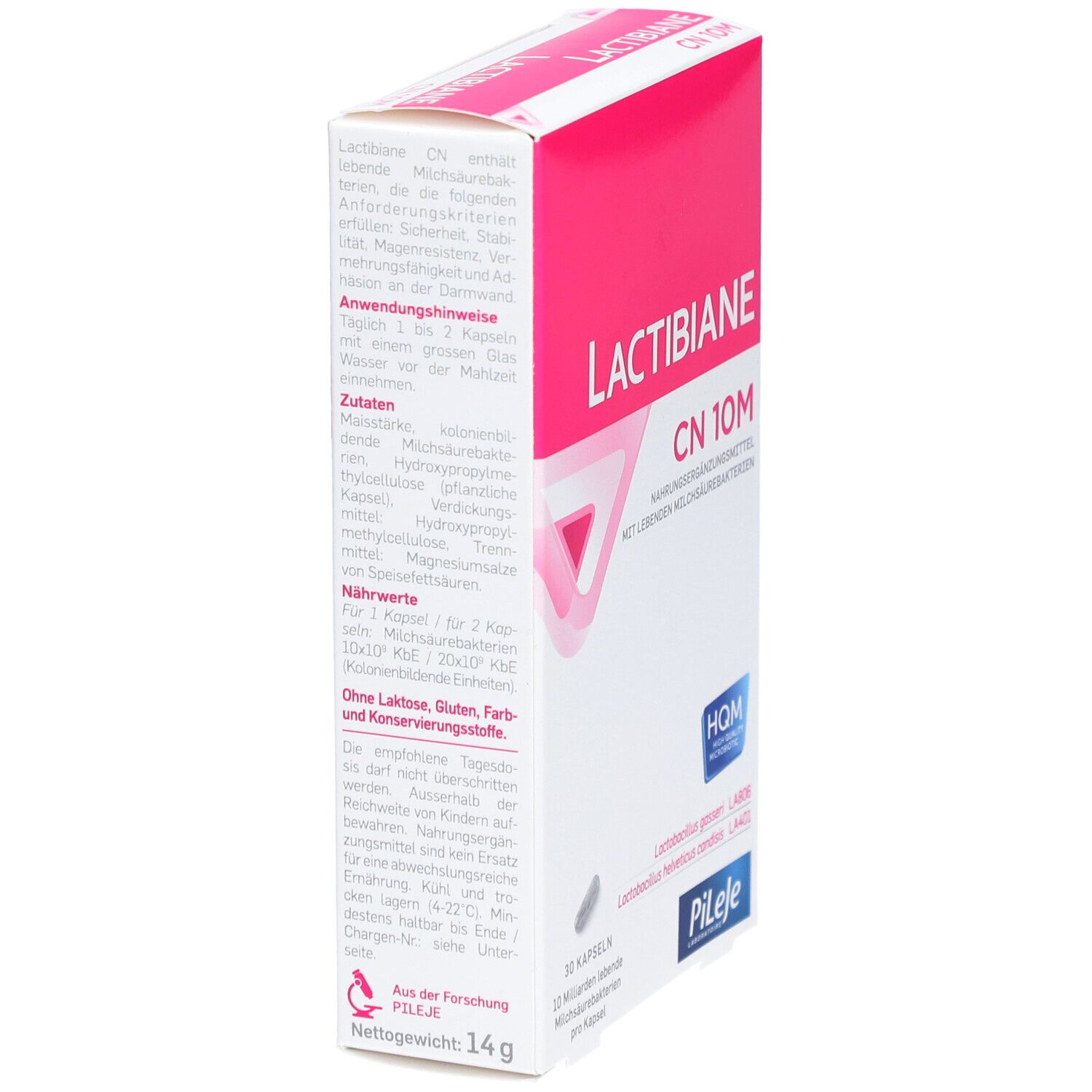 Vue latérale de la boîte Lactibiane CN 10M. Contient des informations sur les ingrédients et la valeur nutritionnelle. Marque Pileje.