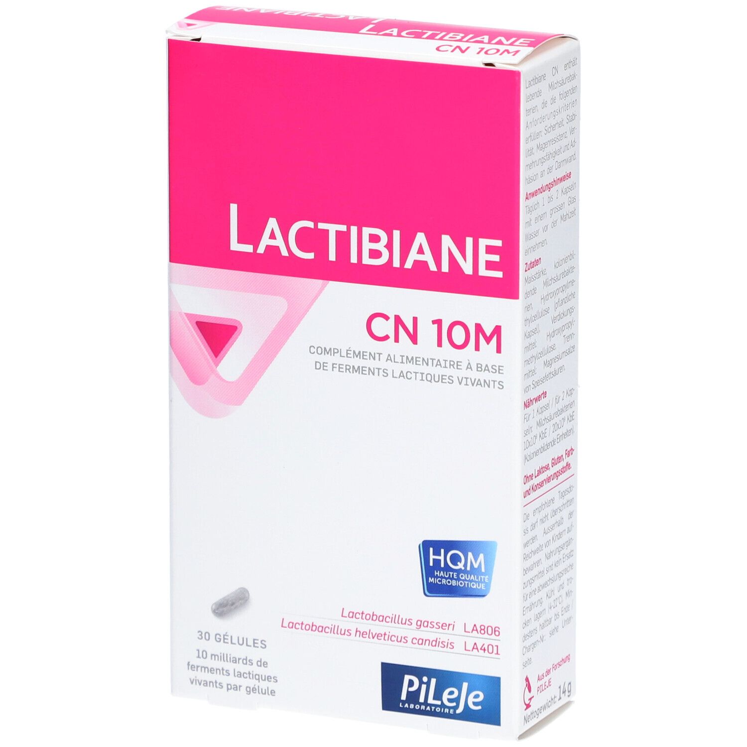 Boîte de Lactibiane CN 10M. Contient 30 gélules. Inscription : Complément alimentaire à base de ferments lactiques vivants.