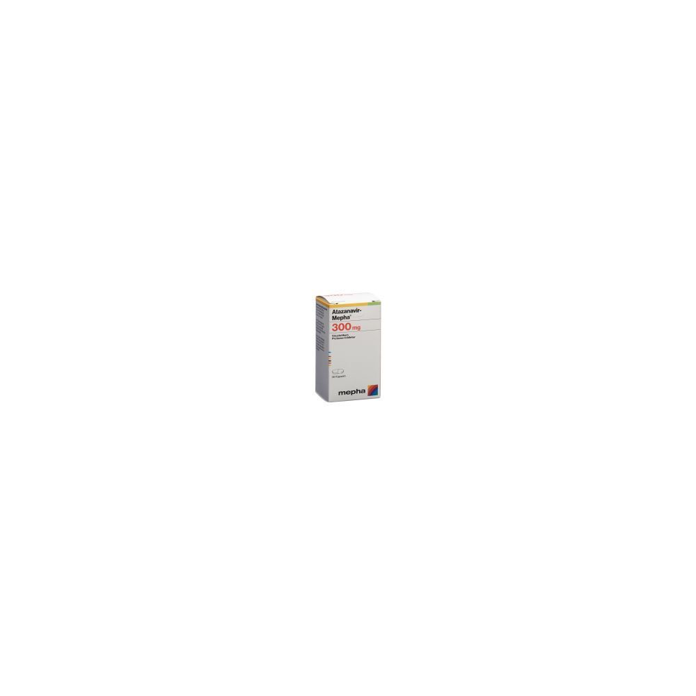 Schachtel mit Medikamenten. Aufschrift: Atazanavir Mepha Kaps 300 mg. Logo Mepha.