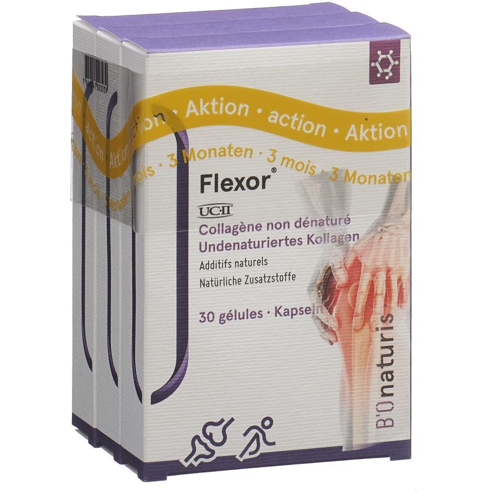 Verpackung von Flexor, mit Text: Aktion, 3 Monate. Enthält 30 Kapseln. B'onaturis Logo.
