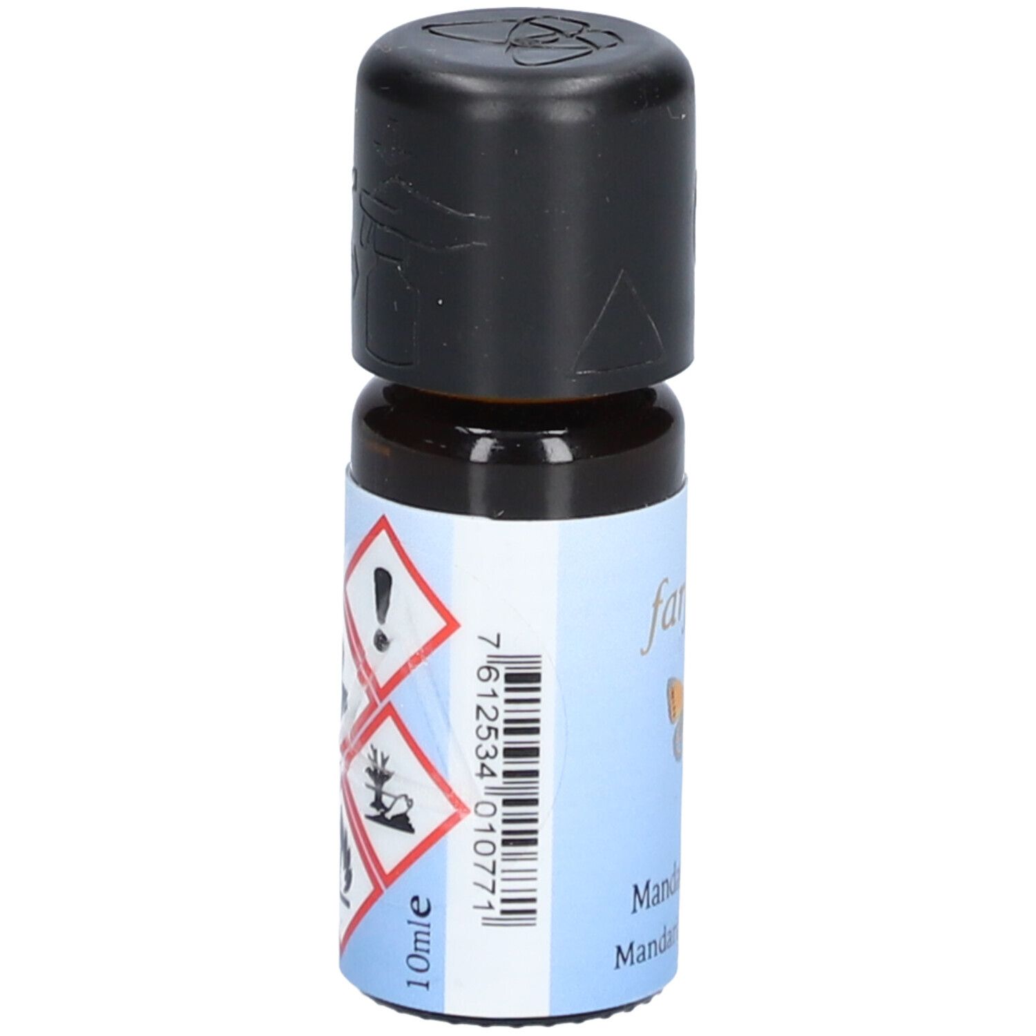 Braune Glasflasche mit schwarzem Deckel. Aufschrift: Farfalla. Barcode und Gefahrensymbole. Aufschrift: 10ml.