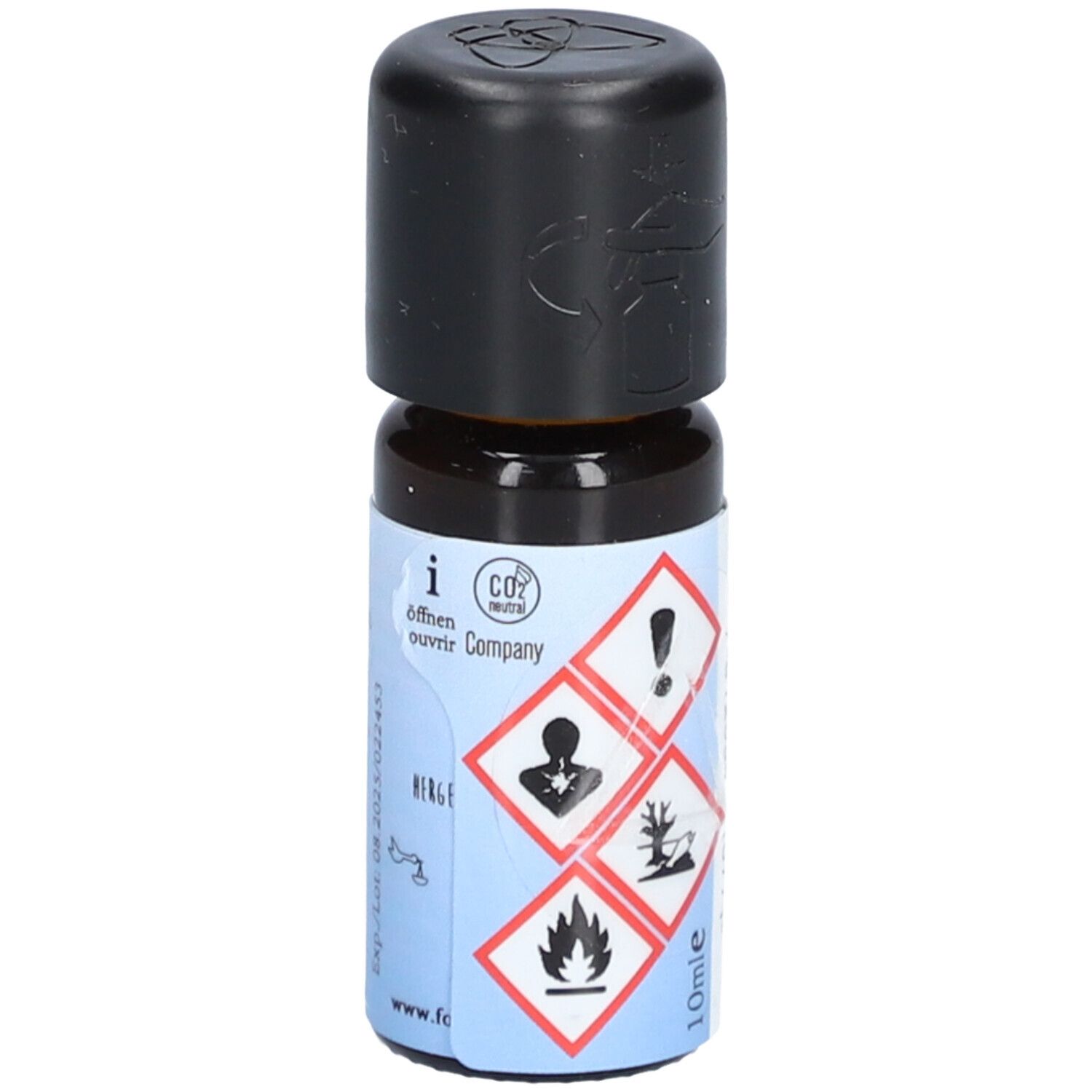 Braune Glasflasche mit schwarzem Deckel. Gefahrensymbole und Aufschrift: 10ml. Aufschrift: i, öffnen, Menge.