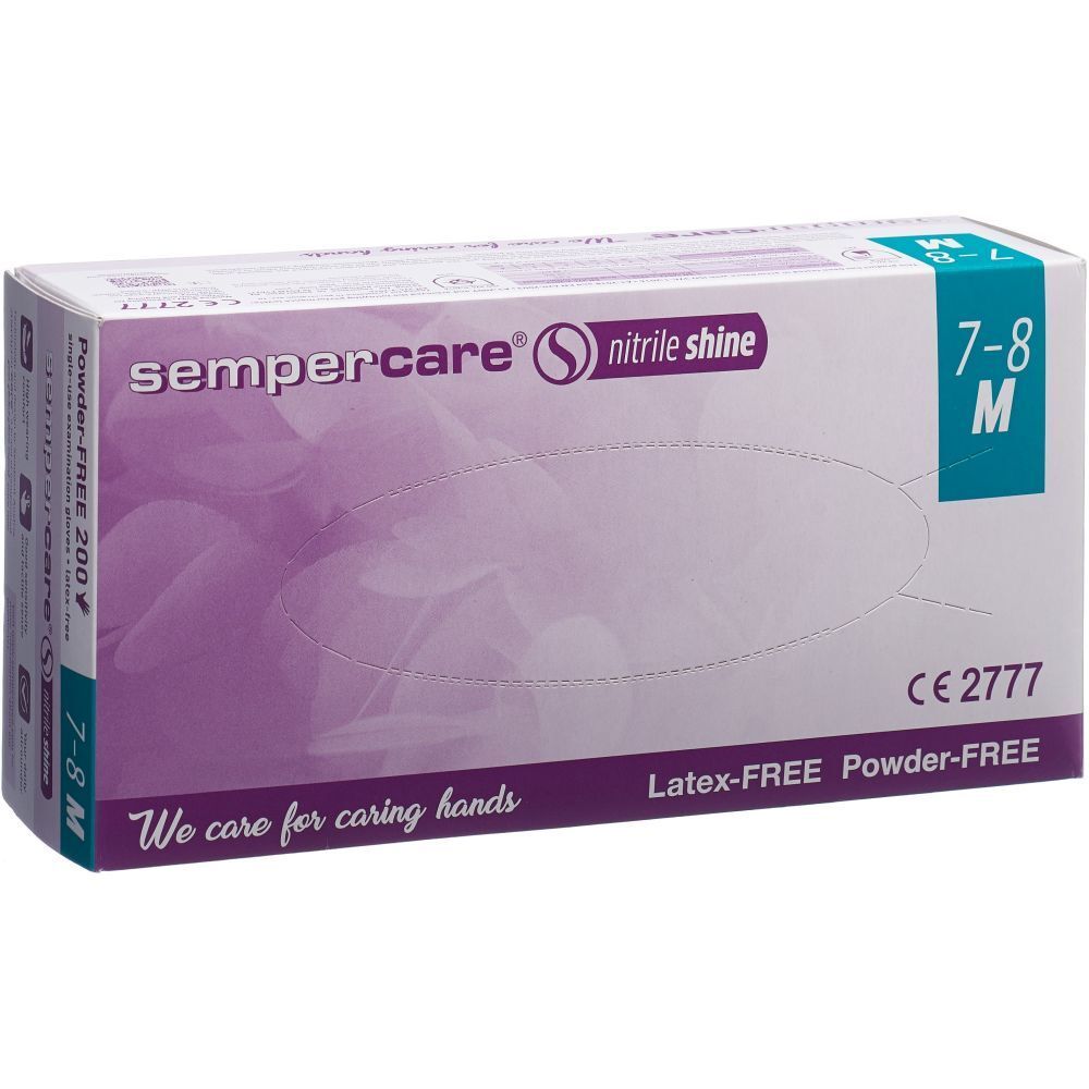 Verpackung mit Handschuhen. Marke sempercare® Nitril Shine M, Größe 7-8 M. Latex- und puderfrei.