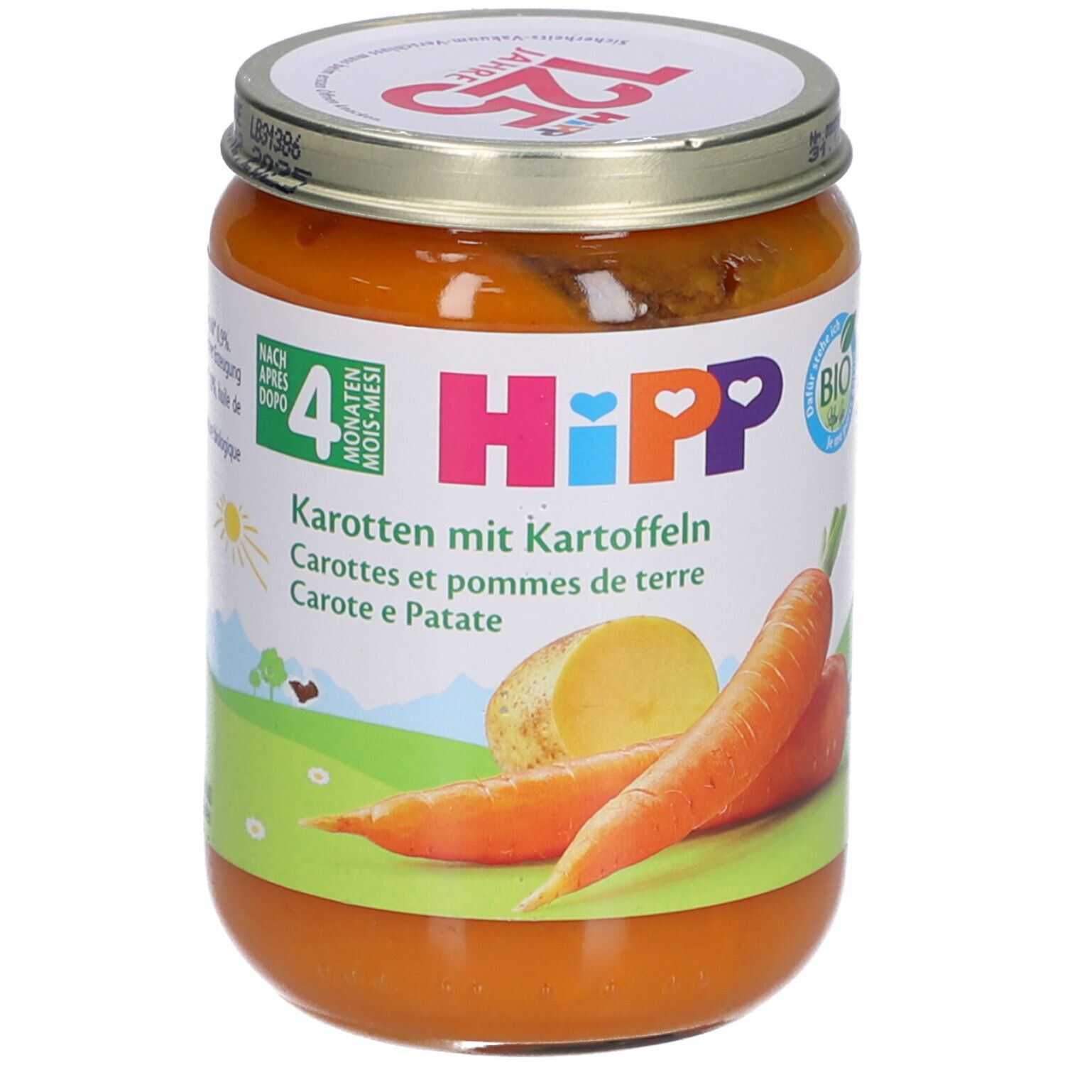 Glas mit HiPP Bio-Karotten-Kartoffel-Püree ab 4 Monaten. Etikett mit Karotten- und Kartoffel-Illustrationen.