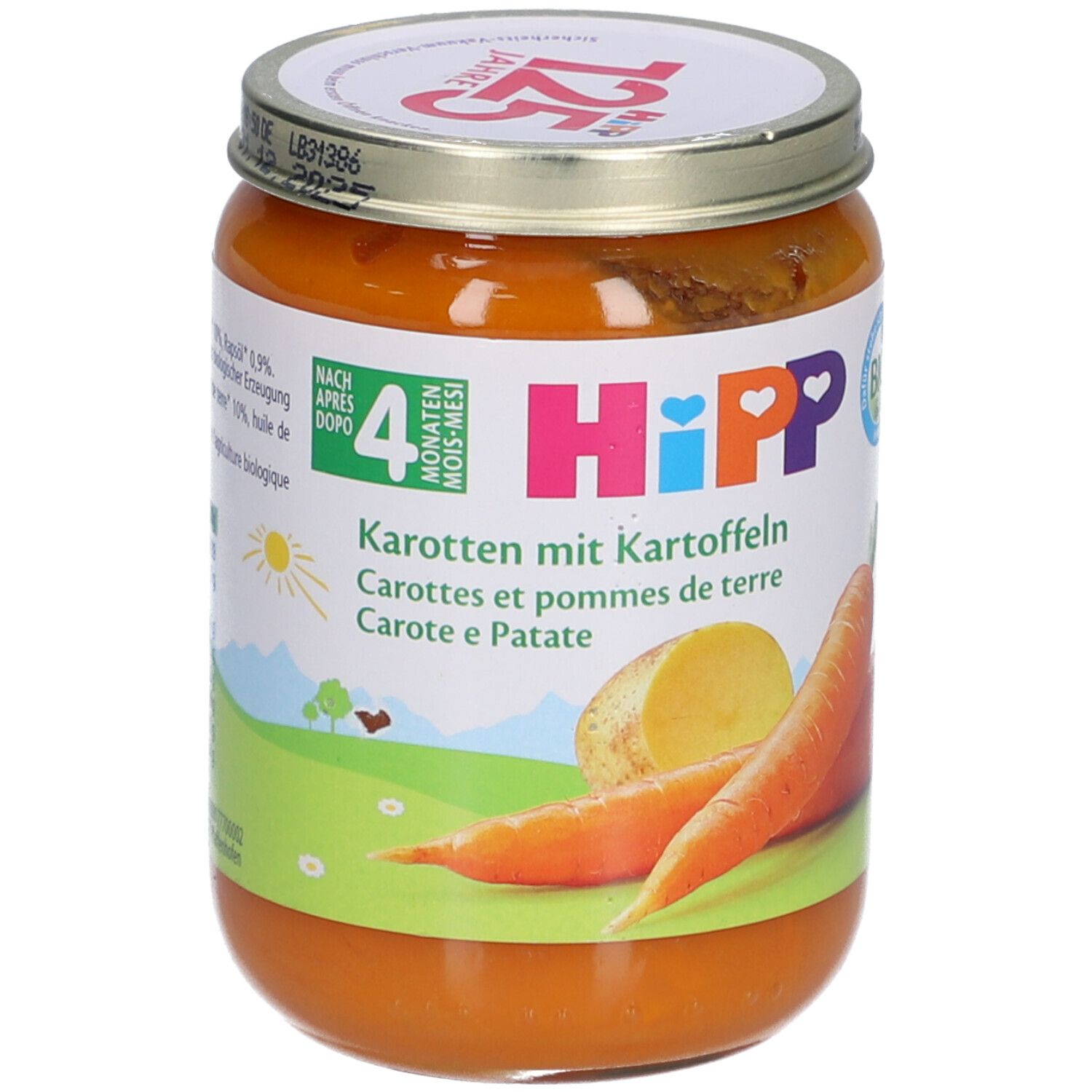 Glas mit HiPP Bio-Karotten-Kartoffel-Püree ab 4 Monaten. Etikett mit Karotten- und Kartoffel-Illustrationen.