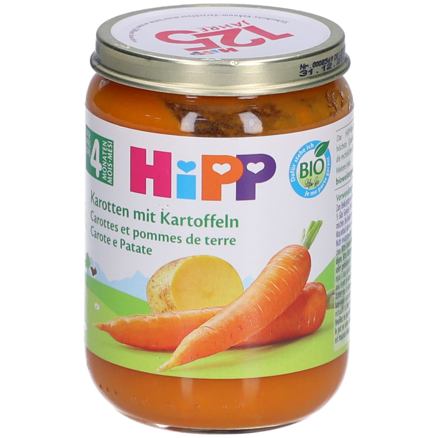 Glas mit HiPP Bio-Karotten-Kartoffel-Püree ab 4 Monaten. Etikett mit Karotten- und Kartoffel-Illustrationen.