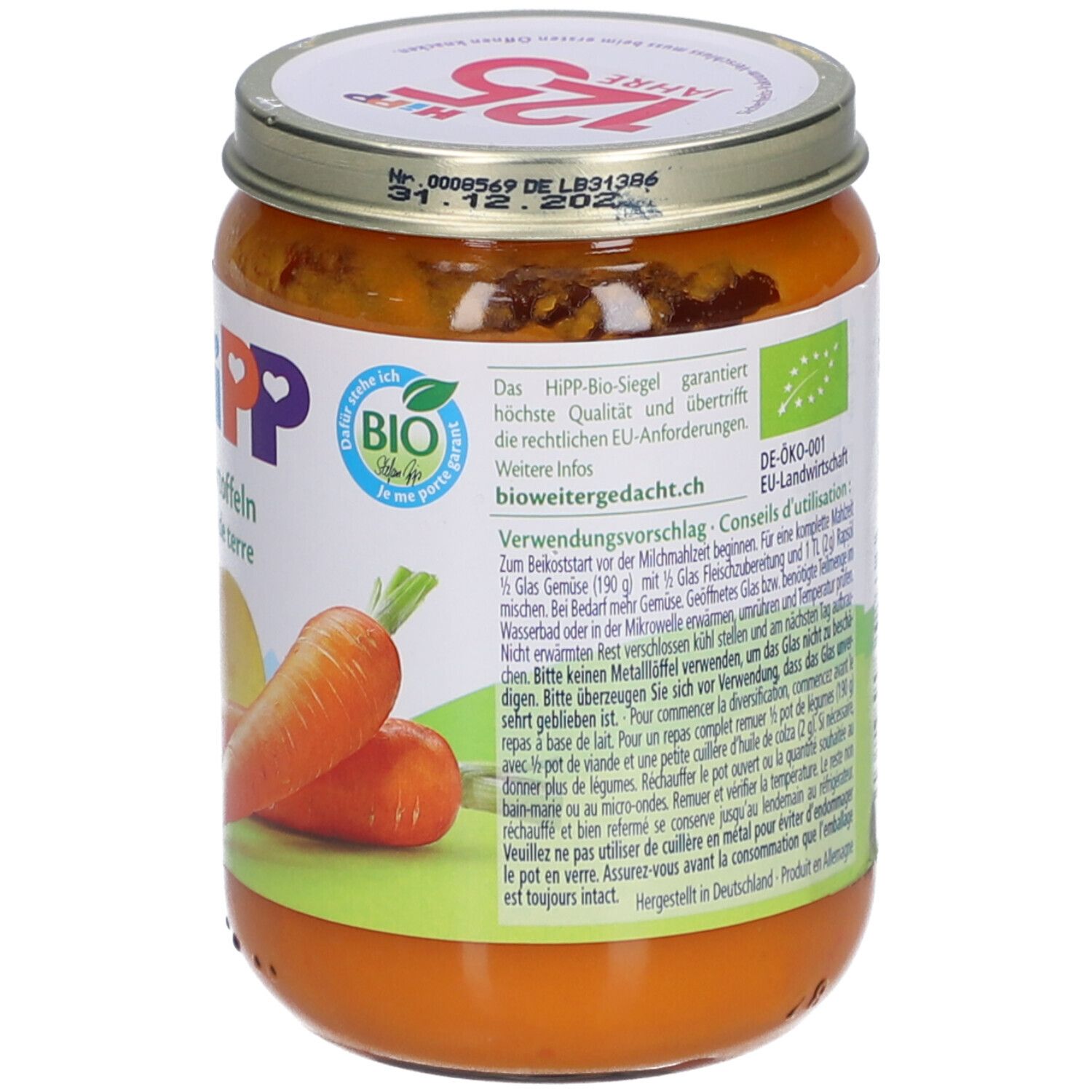 Rückseite des Glases mit HiPP Bio-Karotten-Kartoffel-Püree. Text über Qualitätssiegel und Verwendungszweck.