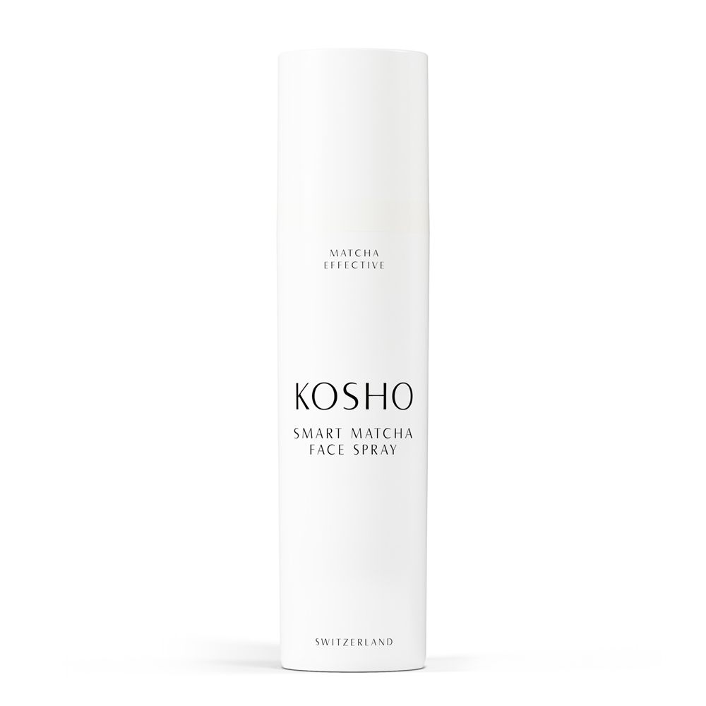 Spray blanc avec l'inscription KOSHO Smart Matcha Face Spray. Pays d'origine : Suisse.
