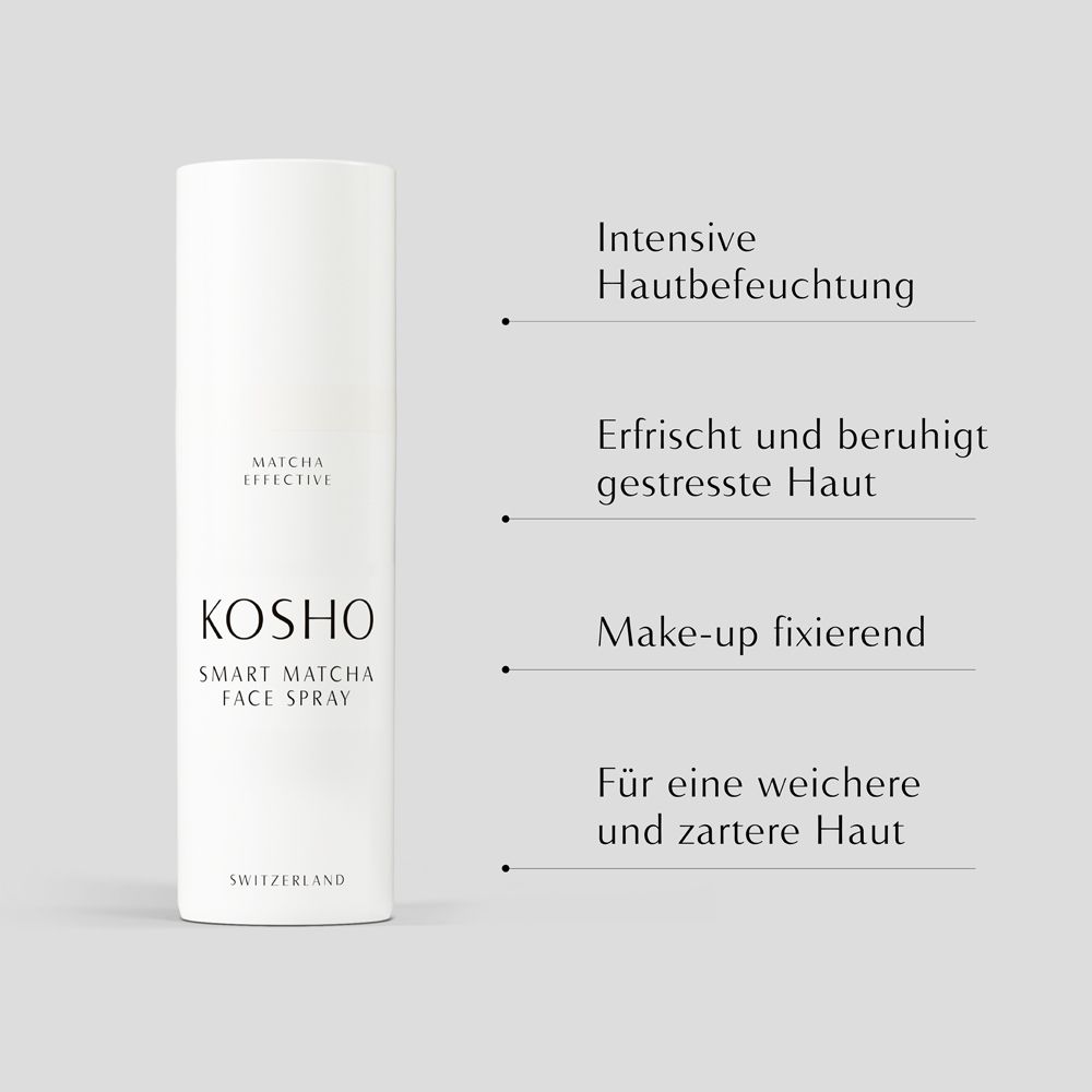 Spray blanc avec KOSHO Smart Matcha Face Spray. Texte : Hydratation intense de la peau, fixateur de maquillage.