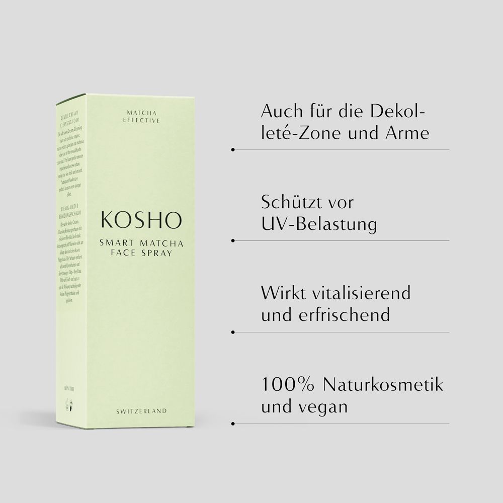 Emballage vert clair avec KOSHO Smart Matcha Face Spray. Texte : 100% cosmétiques naturels et végétaliens.