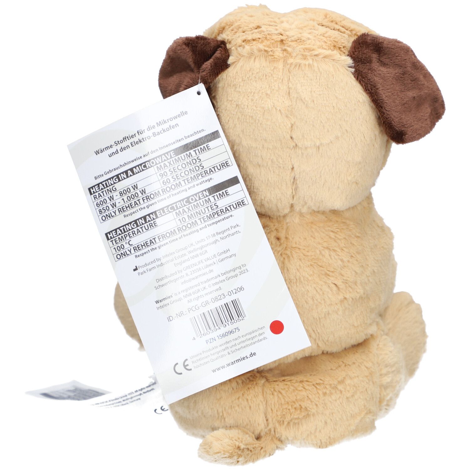 Rückansicht des beigen Mops-Plüschtiers. Anhänger mit Text und Informationen.