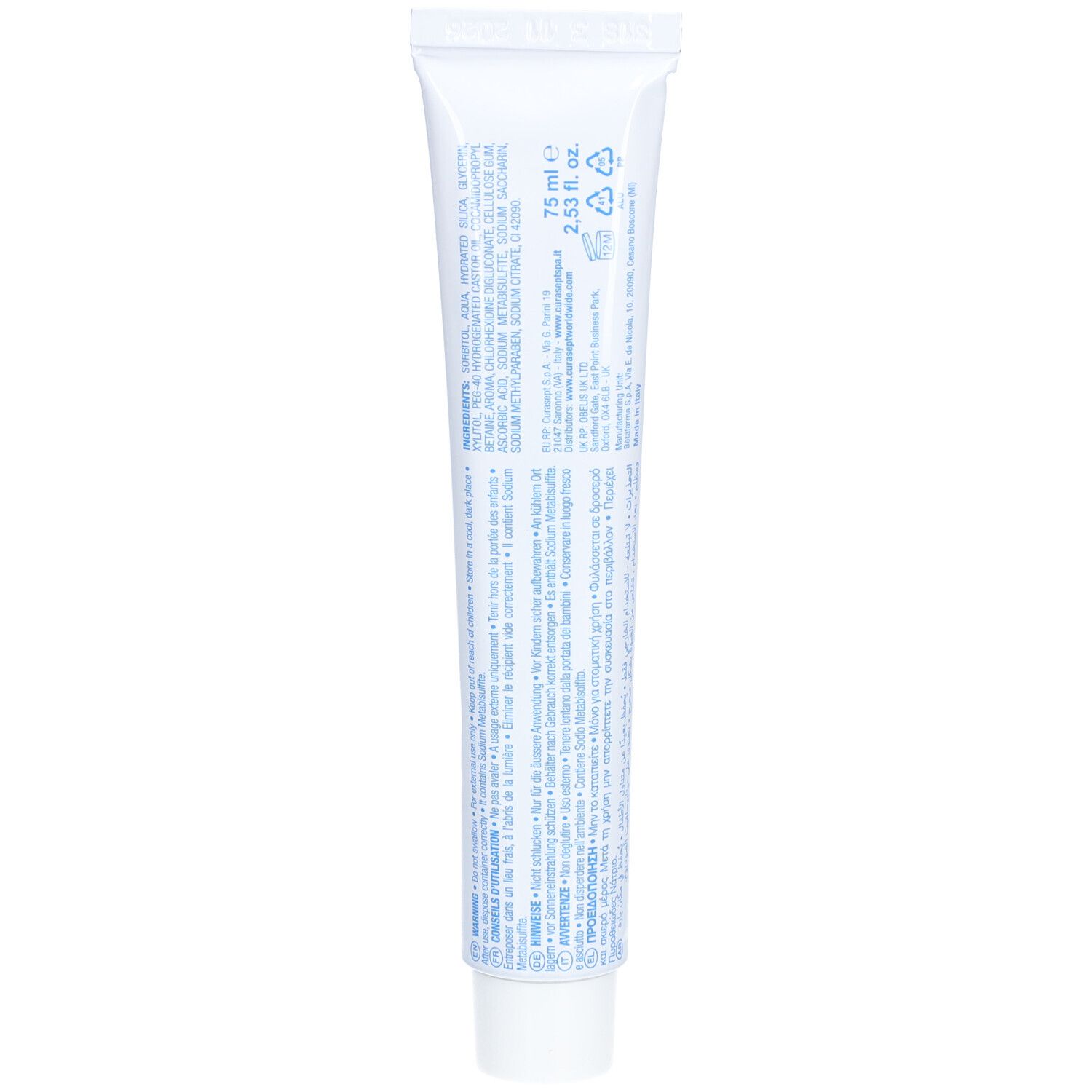 Dos d'un tube de dentifrice blanc. Contient du texte en plusieurs langues. Volume: 75 ml.