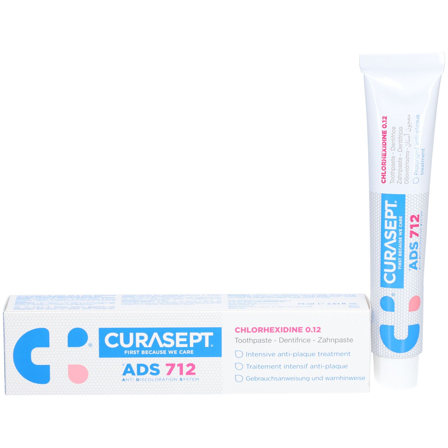 Tube de dentifrice et boîte. Tube: blanc avec texte bleu et rose. Boîte: blanc avec texte bleu et rose.