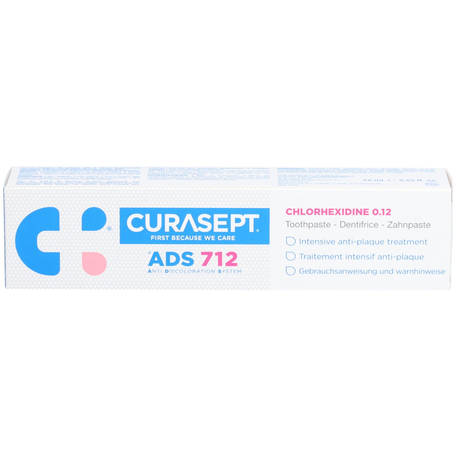 Boîte blanche avec texte bleu et rose. Texte: CURASEPT ADS 712, Chlorhexidine 0,12%.