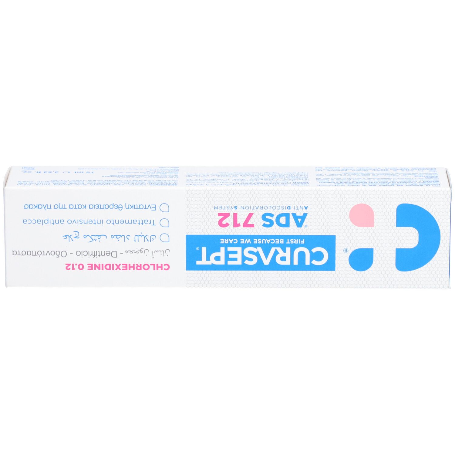 Boîte blanche avec texte bleu et rose. Texte: CURASEPT ADS 712, Chlorhexidine 0,12%.
