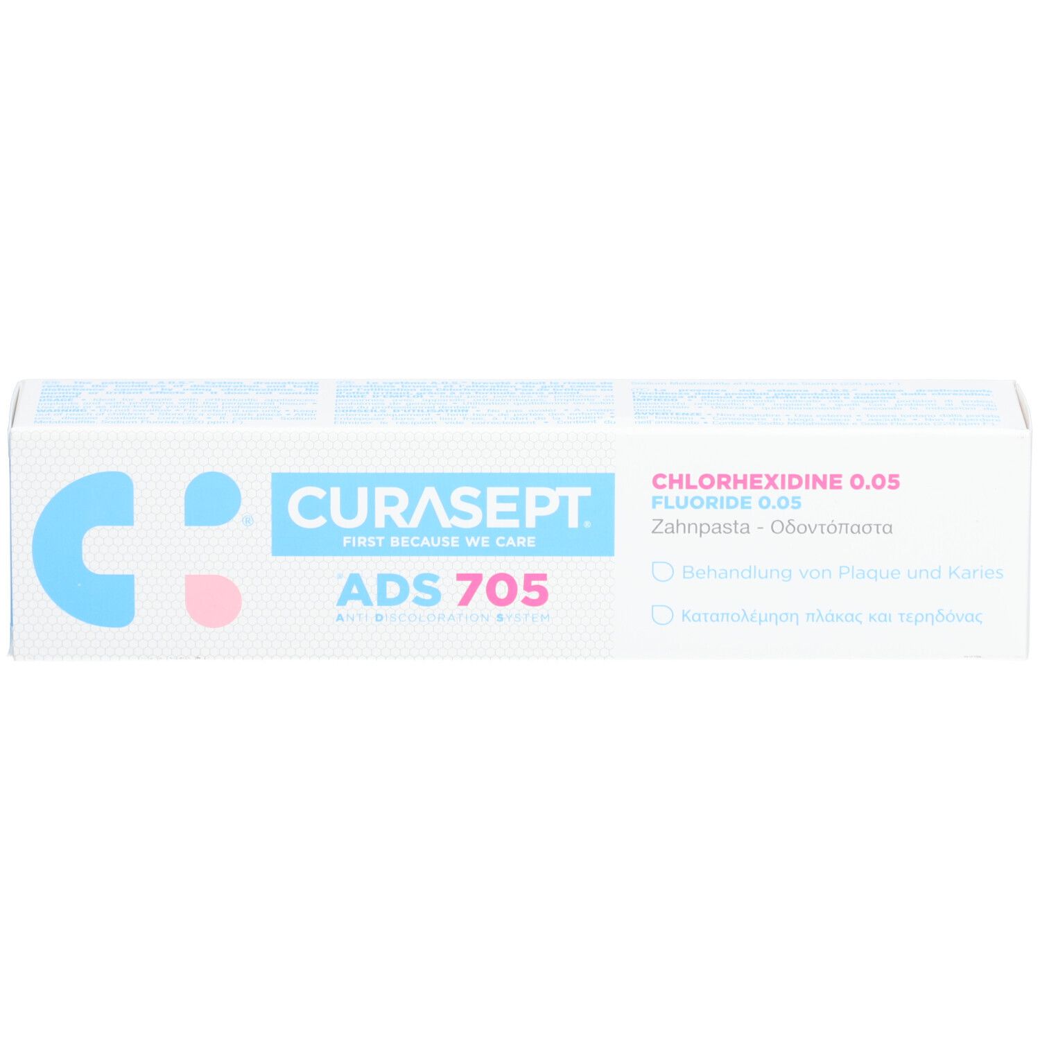 Weiße Schachtel mit blauer und rosa Schrift. CURASEPT ADS 705, Chlorhexidin 0,05 % und Fluorid 0,05 %.