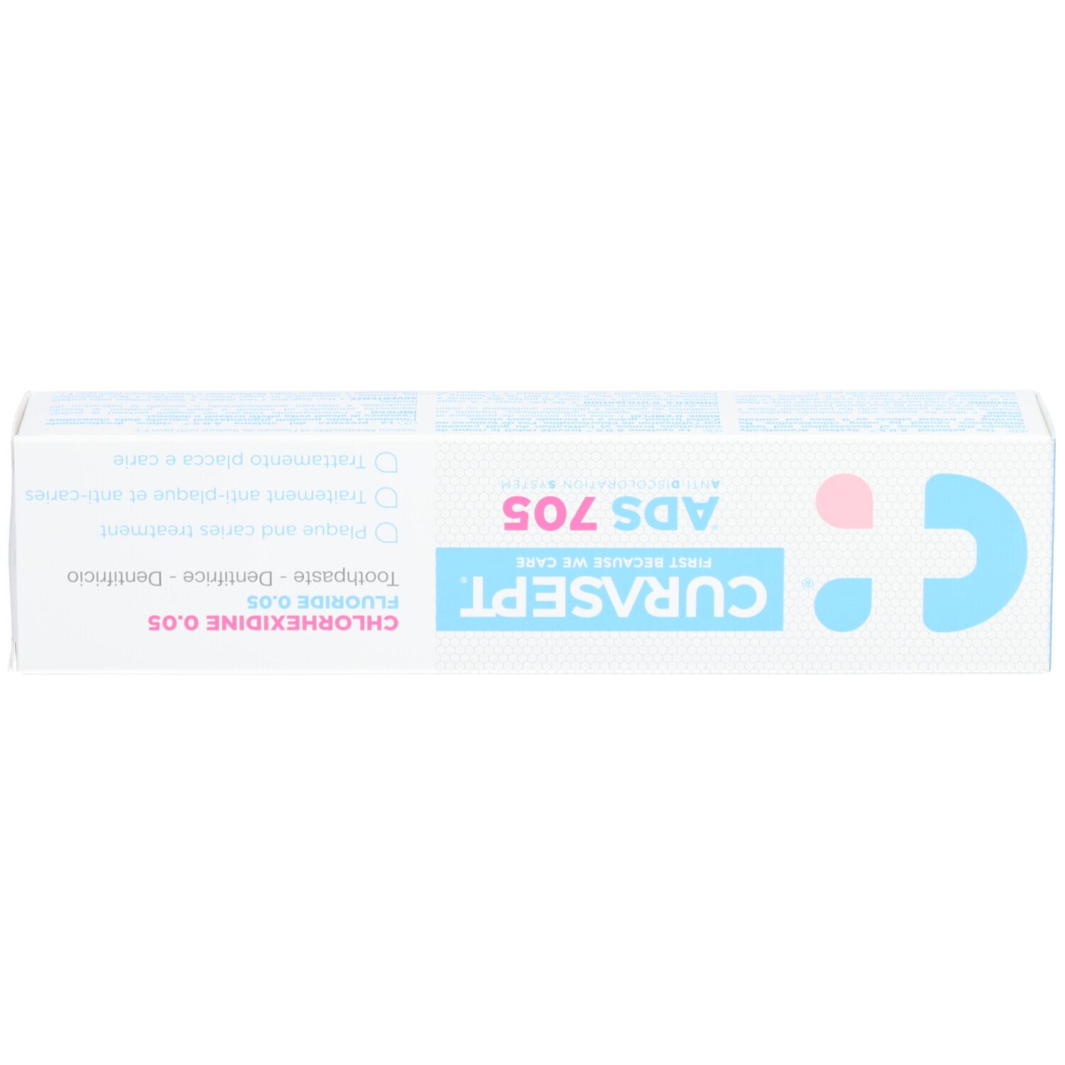 Weiße Schachtel mit blauer und rosa Schrift. CURASEPT ADS 705, Chlorhexidin 0,05 % und Fluorid 0,05 %.