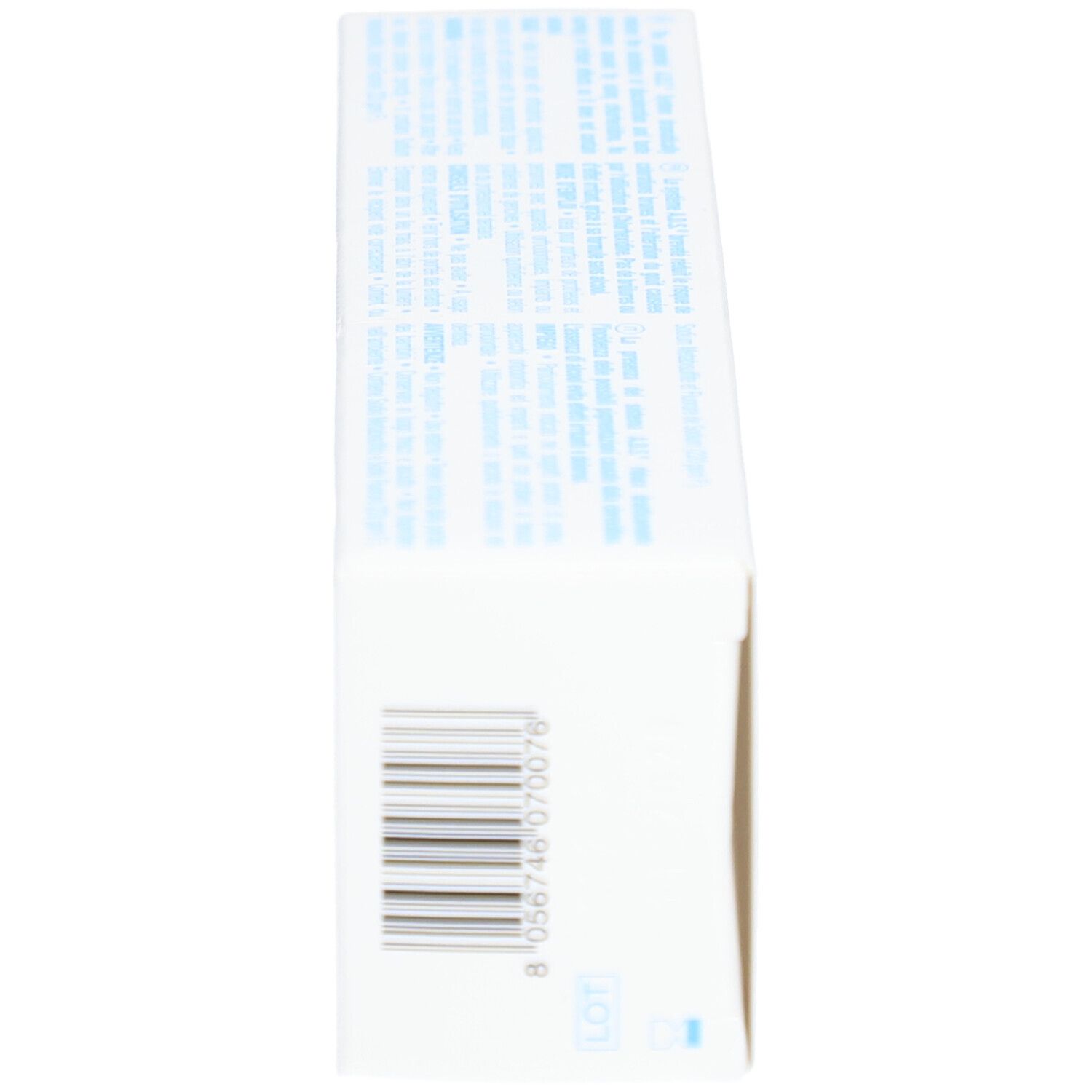 Seitenansicht einer weißen Schachtel mit Barcode und blauer Schrift.